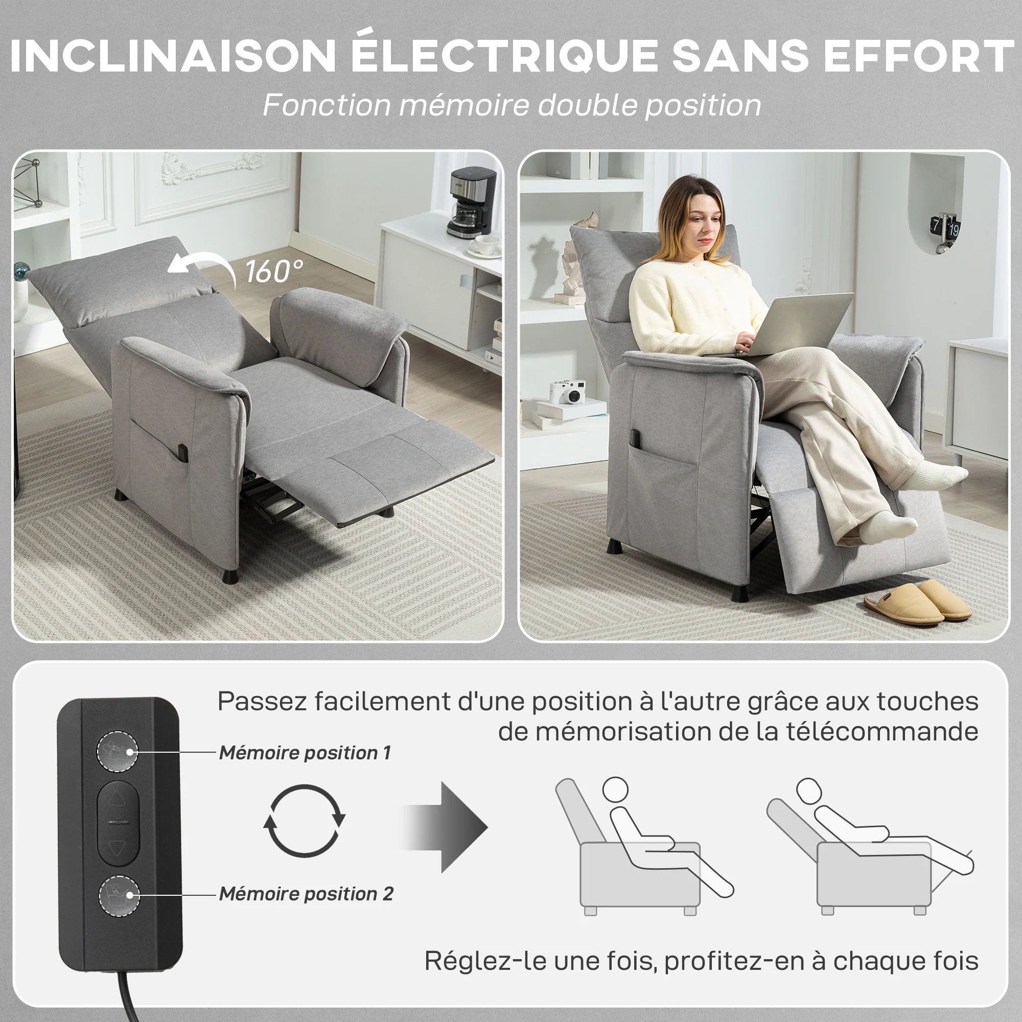 Fauteuil relax électrique fauteuil de relaxation inclinable ultra silencieux avec fonction mémoire, repose-pieds rétractable, télécommande, chaise TV pour chambre bureau home cinéma, gris - Image 6