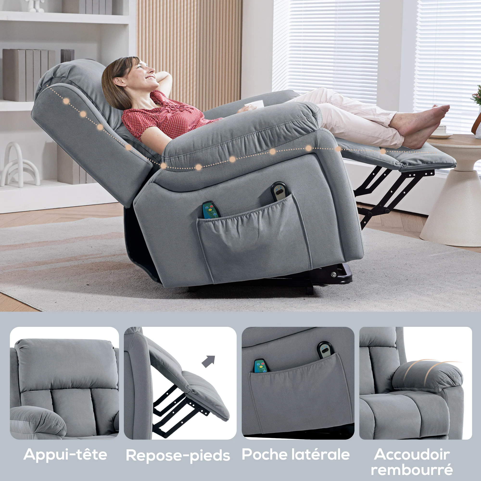 Fauteuil relax électrique, fauteuil électrique releveur, massage et chaleur, inclinaison réglable, assise large, revêtement synthétique, fauteuil relaxant avec repose-pied, télécommandes, gris - Image 10