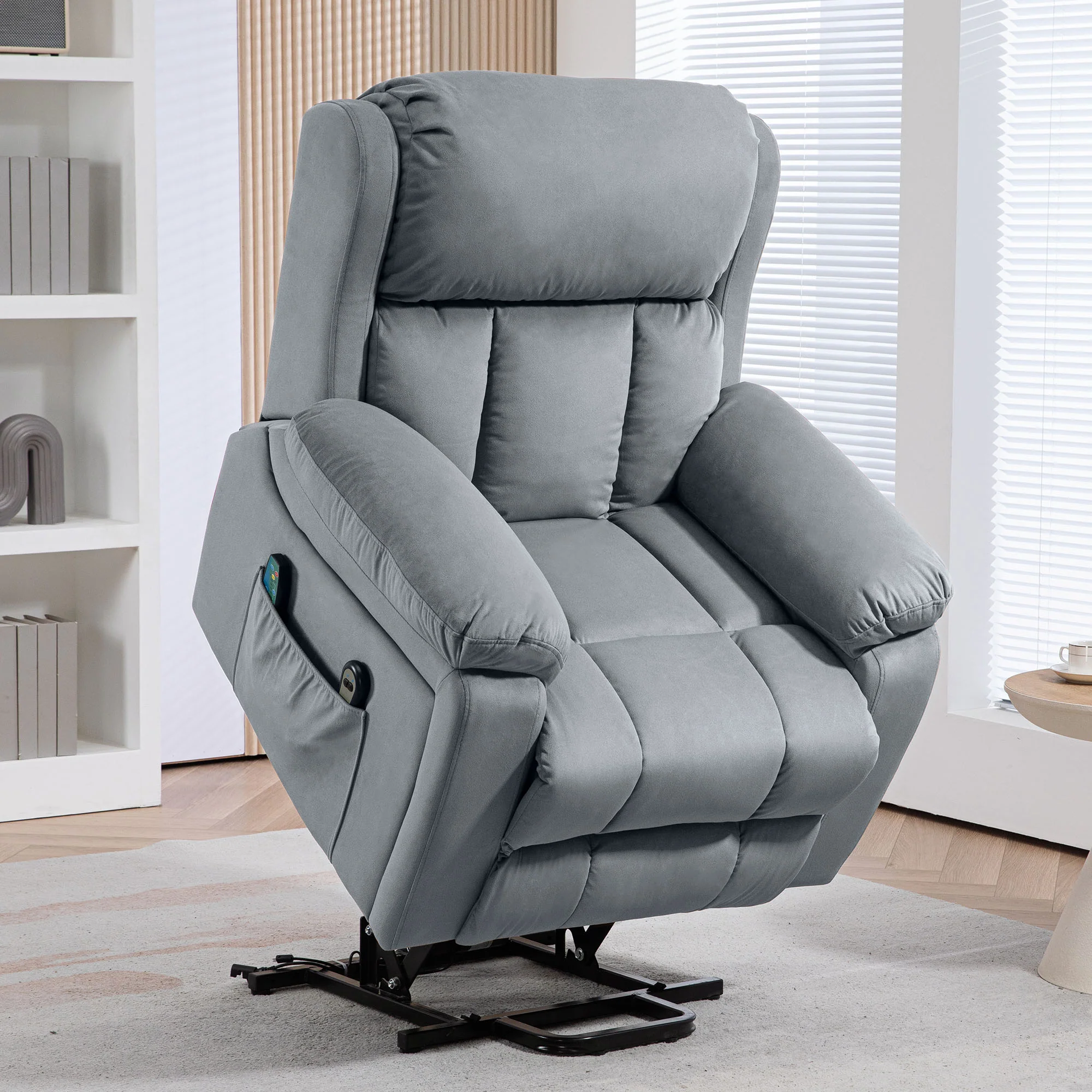 Fauteuil relax électrique, fauteuil électrique releveur, massage et chaleur, inclinaison réglable, assise large, revêtement synthétique, fauteuil relaxant avec repose-pied, télécommandes, gris - Image 3