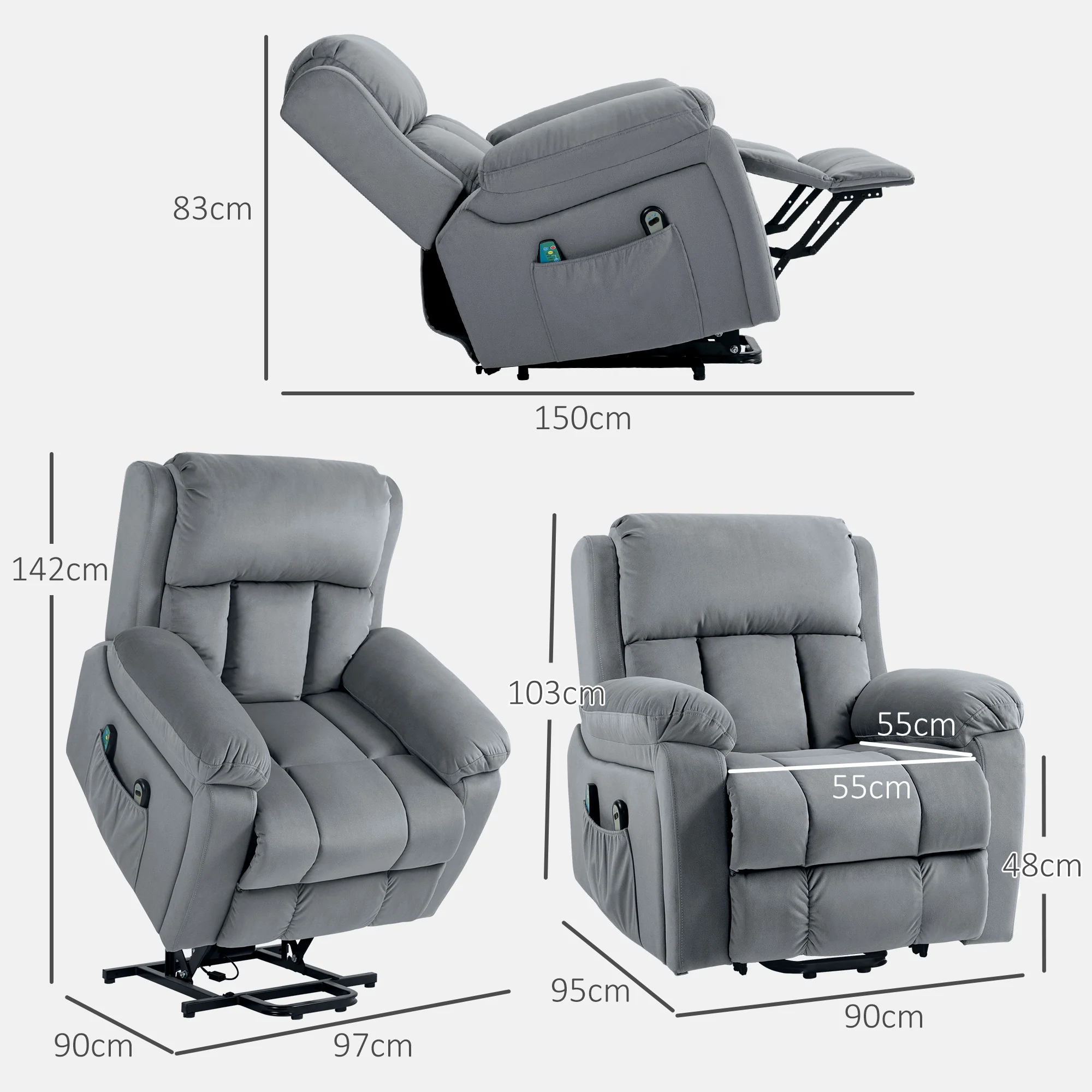 Fauteuil relax électrique, fauteuil électrique releveur, massage et chaleur, inclinaison réglable, assise large, revêtement synthétique, fauteuil relaxant avec repose-pied, télécommandes, gris - Image 4