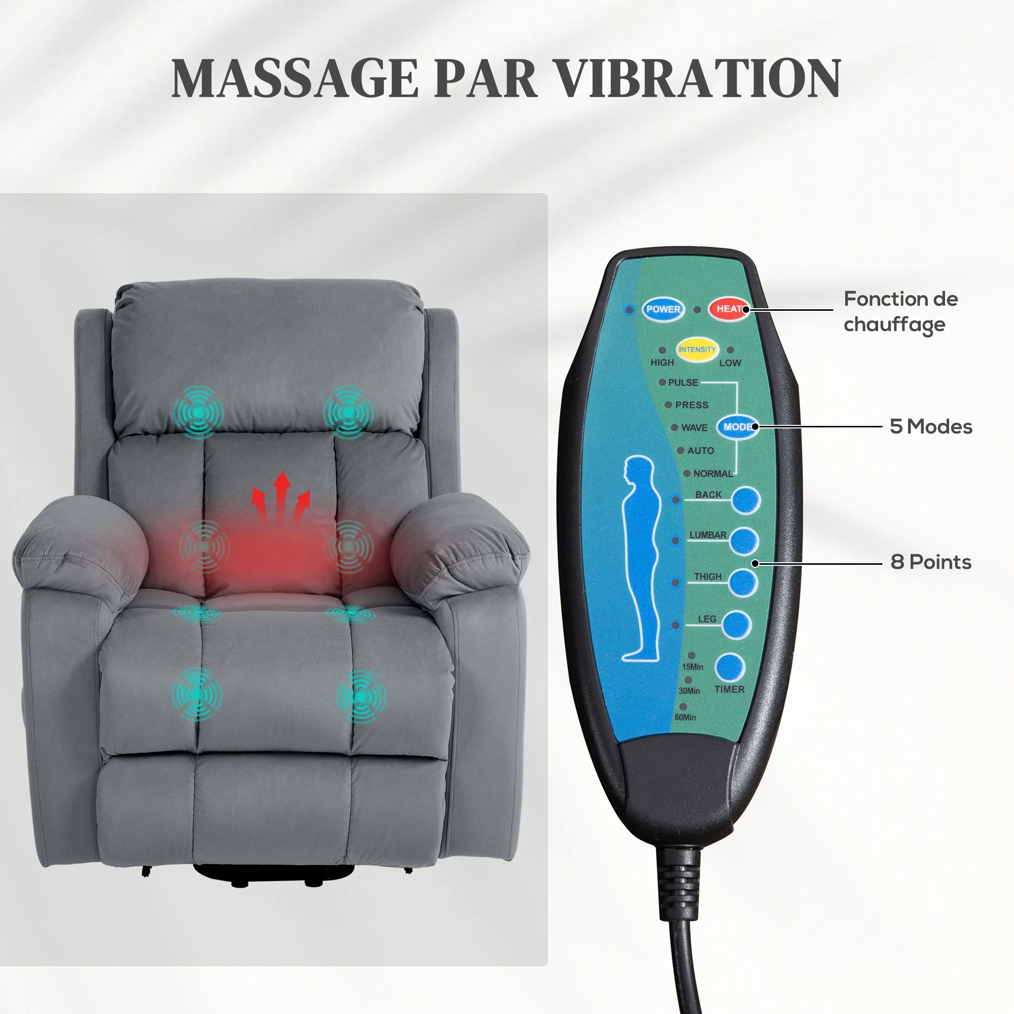 Fauteuil relax électrique, fauteuil électrique releveur, massage et chaleur, inclinaison réglable, assise large, revêtement synthétique, fauteuil relaxant avec repose-pied, télécommandes, gris - Image 6