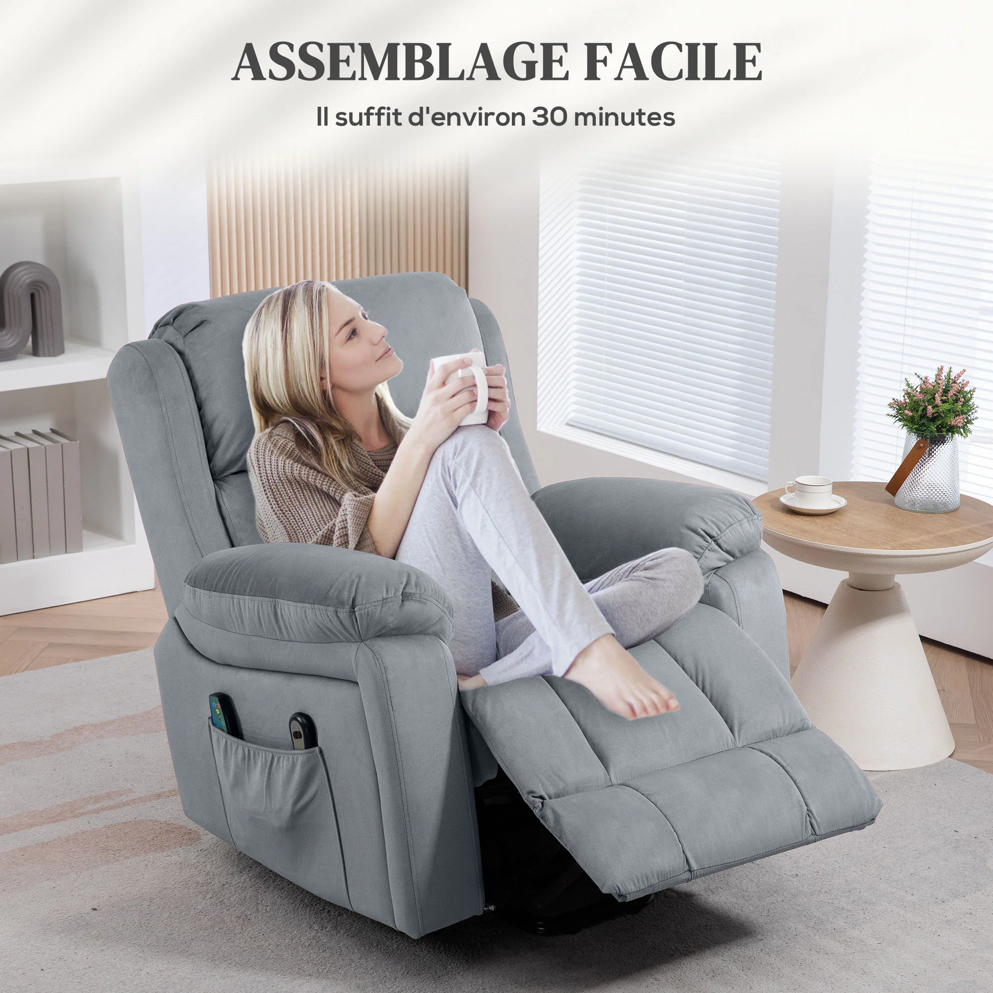 Fauteuil relax électrique, fauteuil électrique releveur, massage et chaleur, inclinaison réglable, assise large, revêtement synthétique, fauteuil relaxant avec repose-pied, télécommandes, gris - Image 9