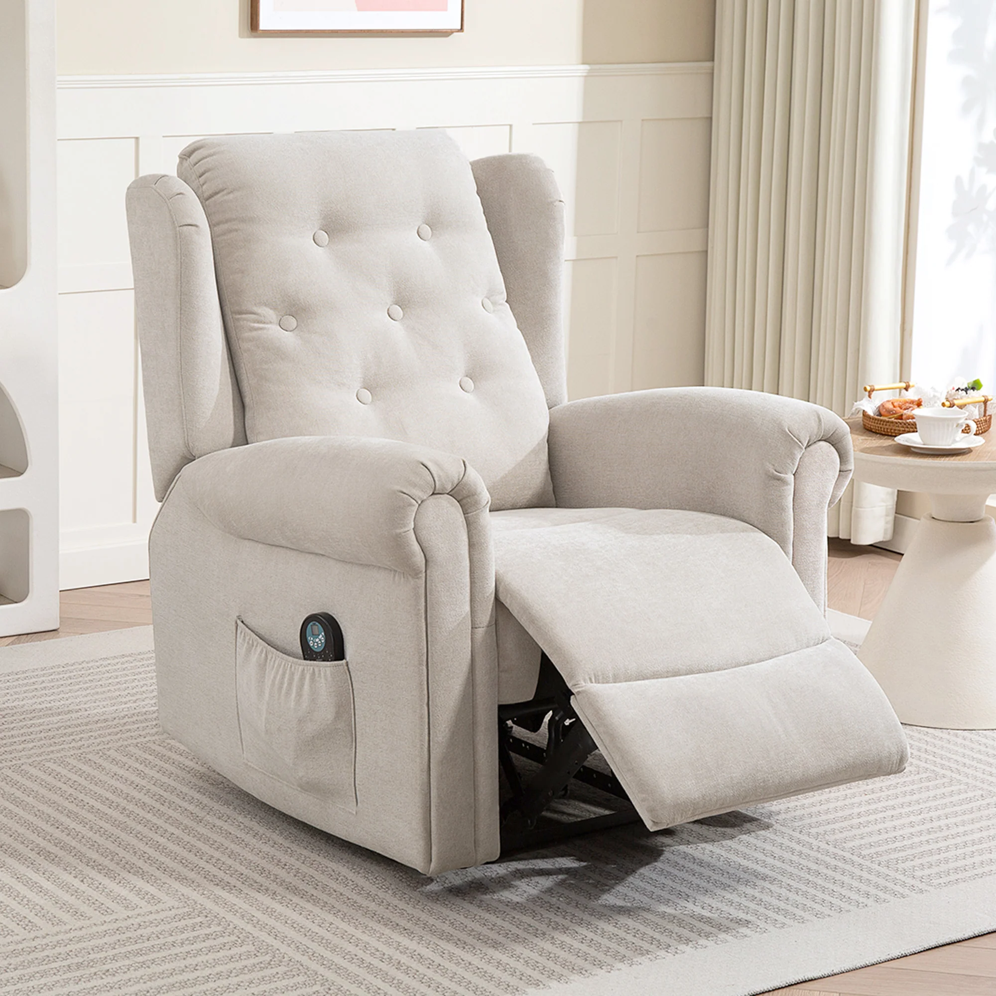 Fauteuil relax électrique massant et chauffant, fauteuil inclinable, dossier et repose-pieds réglable manuellement, poche latérale, tissu aspect lin, pour chambre, salon et home cinéma, beige - Image 10