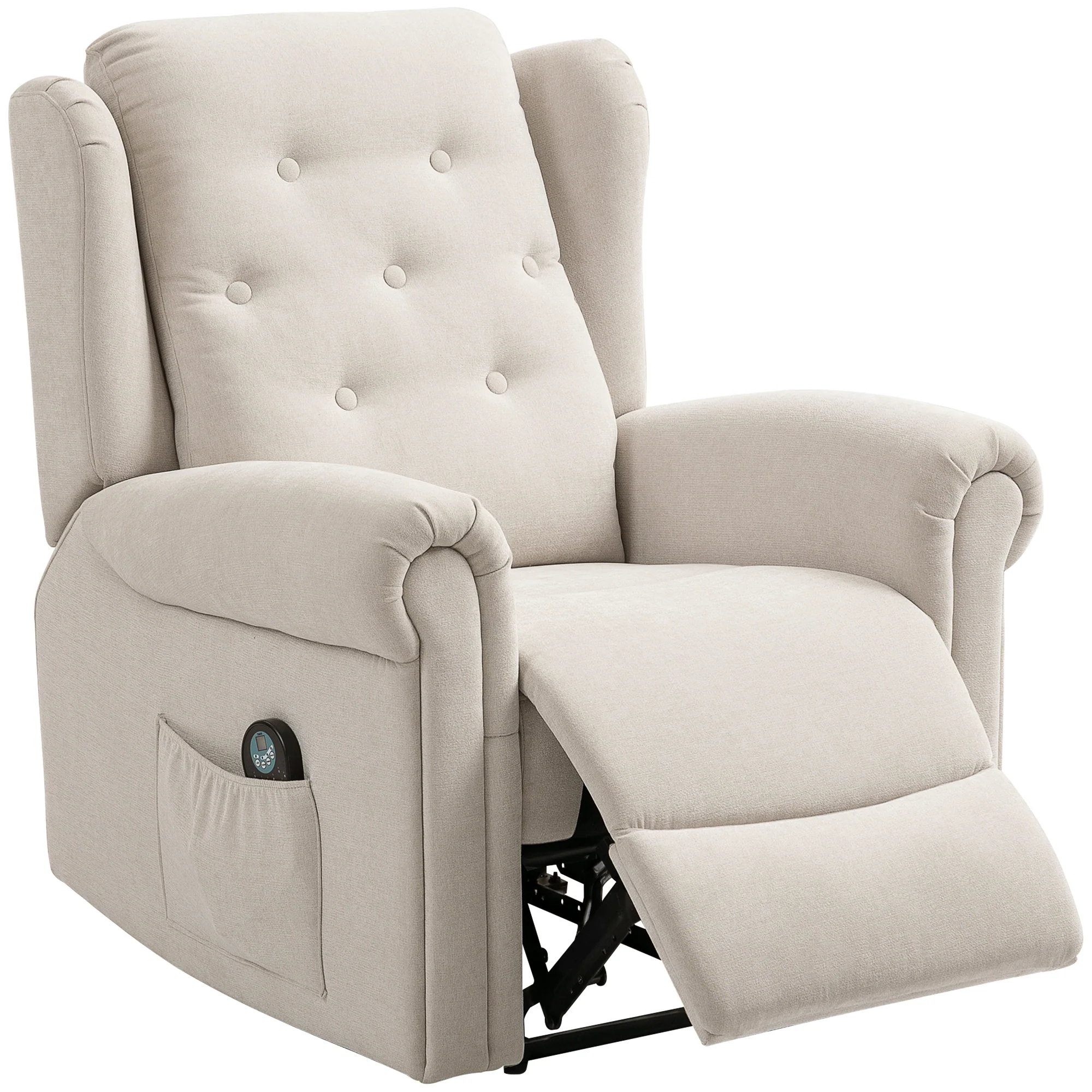 Fauteuil relax électrique massant et chauffant, fauteuil inclinable, dossier et repose-pieds réglable manuellement, poche latérale, tissu aspect lin, pour chambre, salon et home cinéma, beige - Image 11