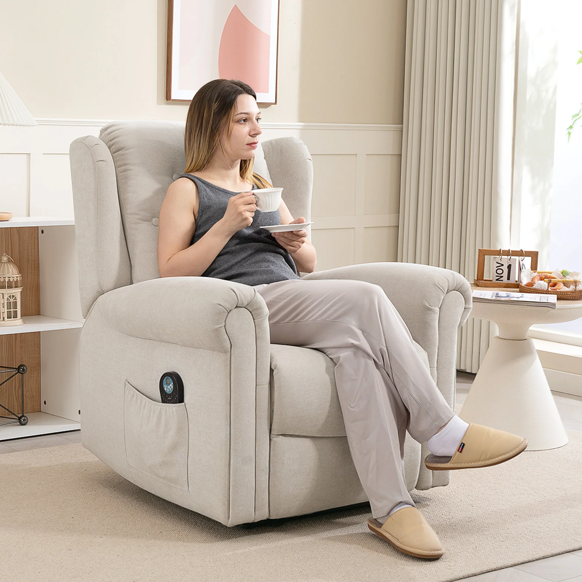Fauteuil relax électrique massant et chauffant, fauteuil inclinable, dossier et repose-pieds réglable manuellement, poche latérale, tissu aspect lin, pour chambre, salon et home cinéma, beige - Image 3