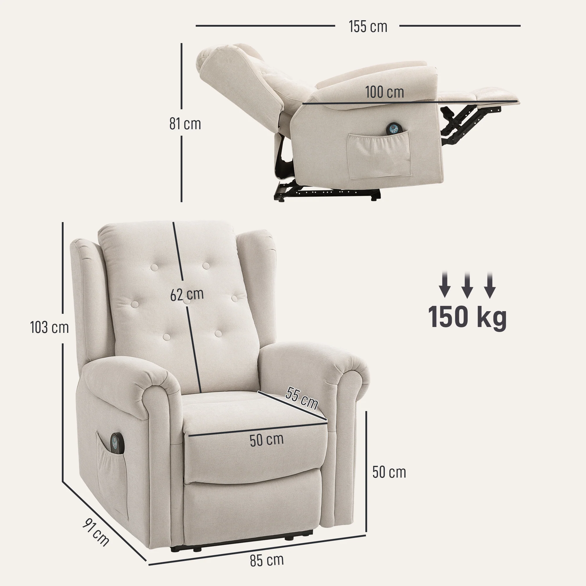 Fauteuil relax électrique massant et chauffant, fauteuil inclinable, dossier et repose-pieds réglable manuellement, poche latérale, tissu aspect lin, pour chambre, salon et home cinéma, beige - Image 4