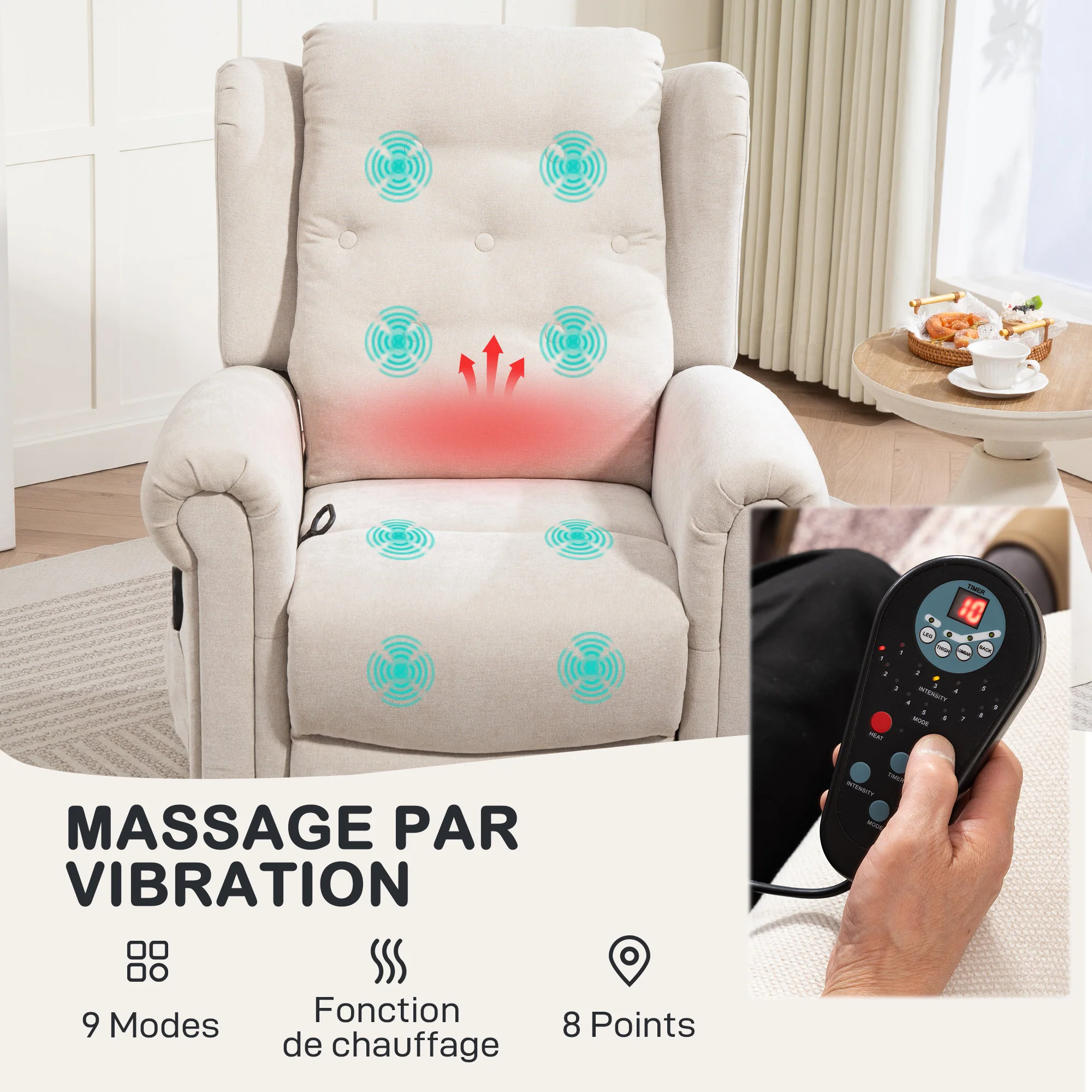 Fauteuil relax électrique massant et chauffant, fauteuil inclinable, dossier et repose-pieds réglable manuellement, poche latérale, tissu aspect lin, pour chambre, salon et home cinéma, beige - Image 5