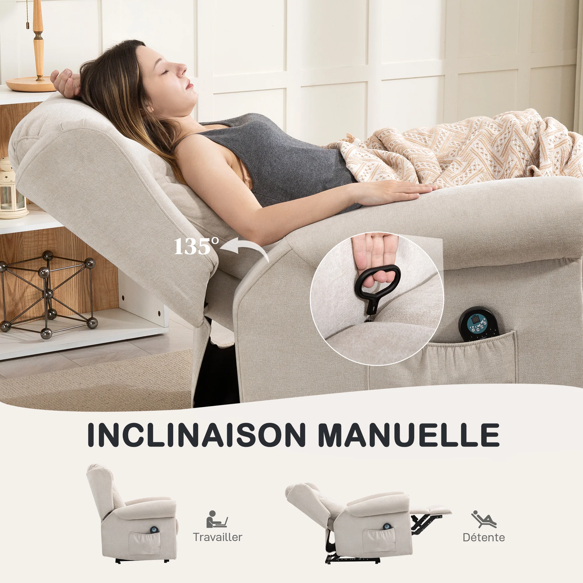 Fauteuil relax électrique massant et chauffant, fauteuil inclinable, dossier et repose-pieds réglable manuellement, poche latérale, tissu aspect lin, pour chambre, salon et home cinéma, beige - Image 6