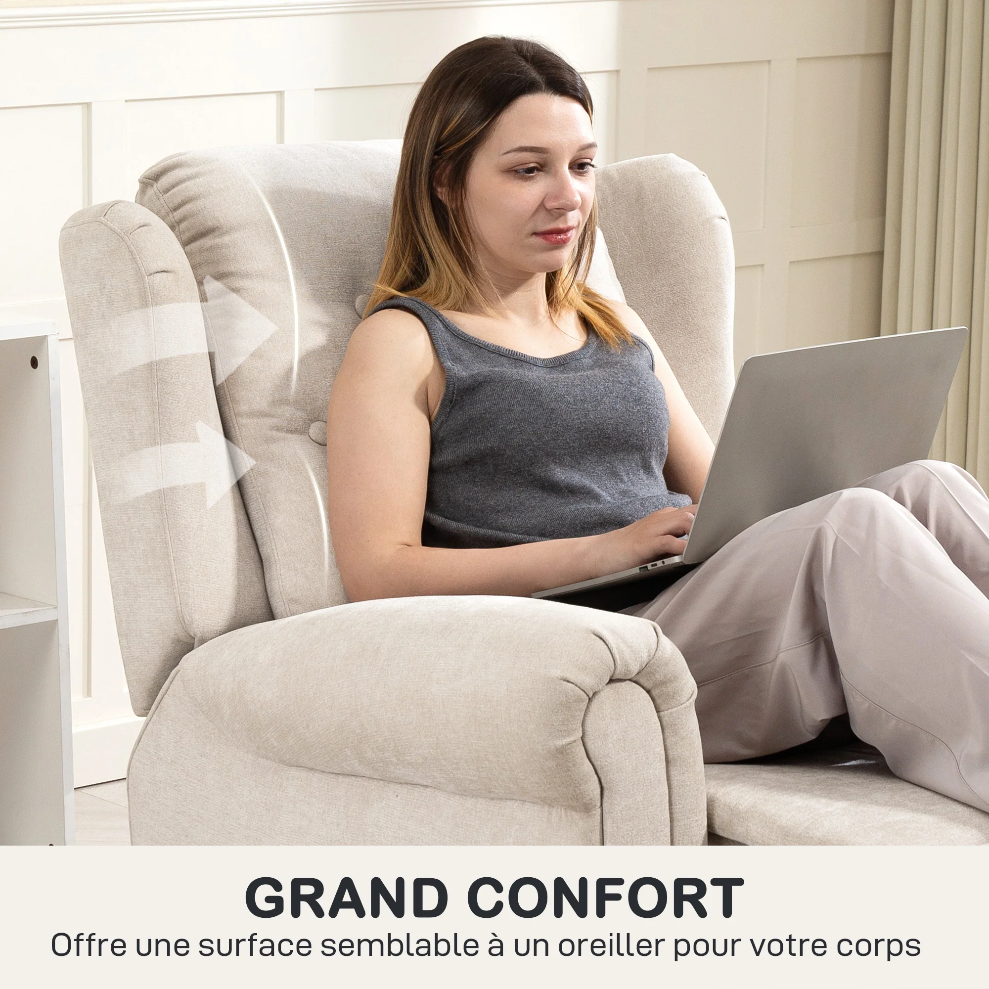 Fauteuil relax électrique massant et chauffant, fauteuil inclinable, dossier et repose-pieds réglable manuellement, poche latérale, tissu aspect lin, pour chambre, salon et home cinéma, beige - Image 8