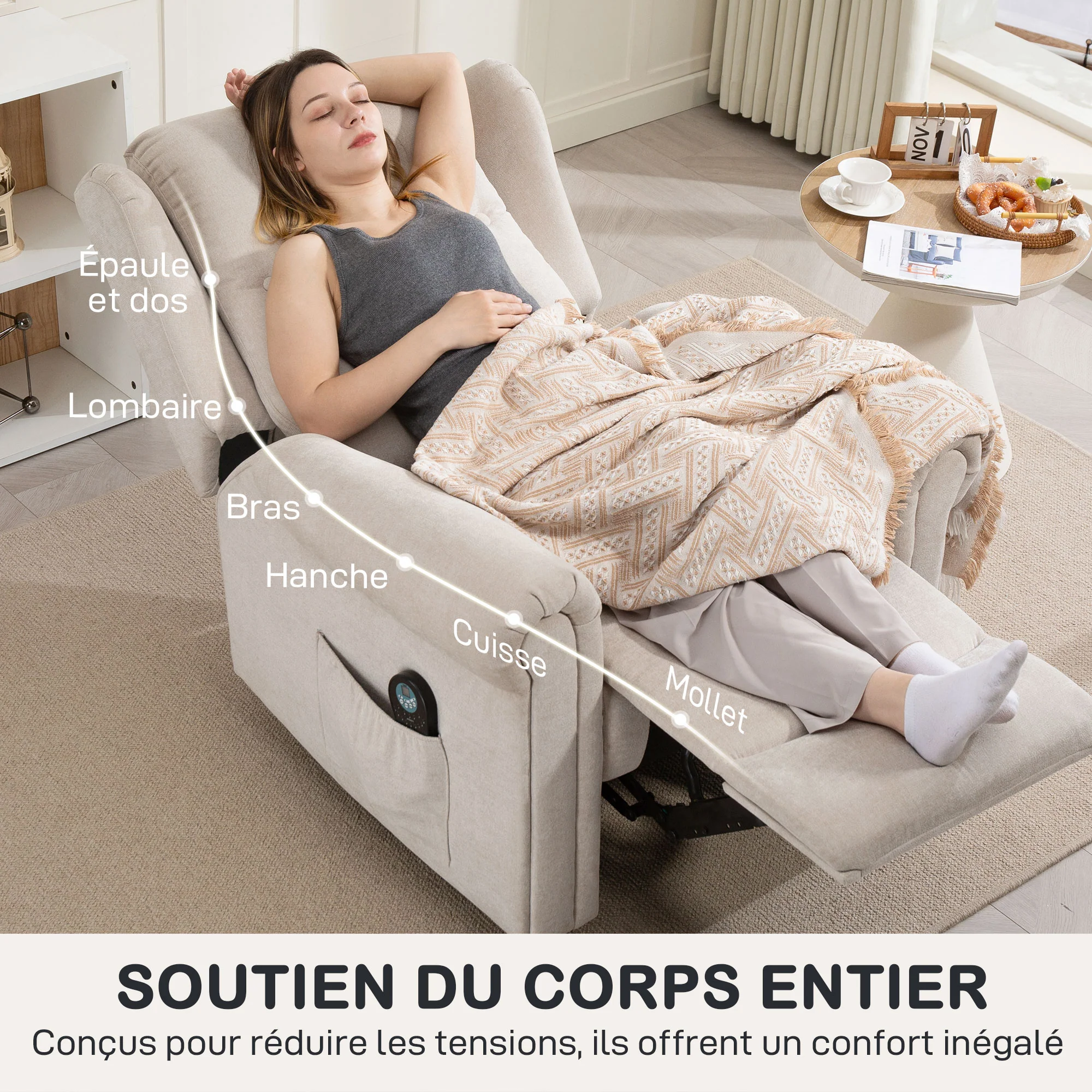 Fauteuil relax électrique massant et chauffant, fauteuil inclinable, dossier et repose-pieds réglable manuellement, poche latérale, tissu aspect lin, pour chambre, salon et home cinéma, beige - Image 9