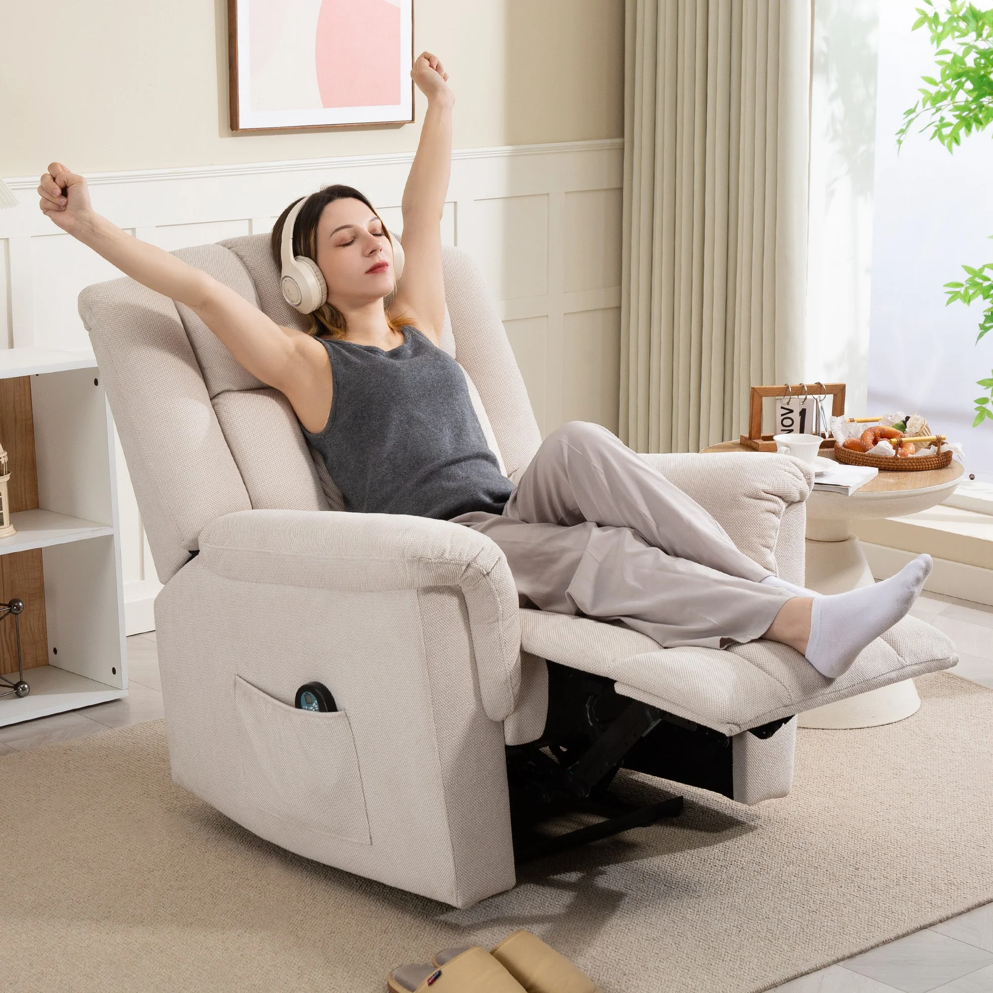 Fauteuil relax électrique massant et chauffant, fauteuil inclinable tissu chenille avec dossier et repose-pieds réglable manuellement, poche latérale, pour chambre, salon et home cinéma, beige - Image 3