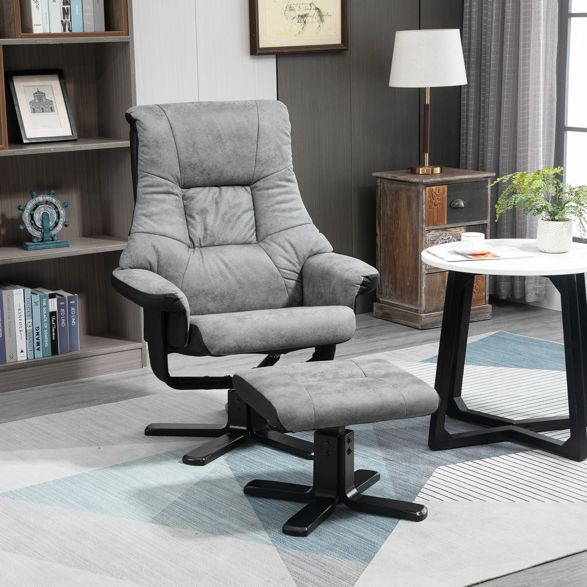 Fauteuil relax fauteuil de relaxation inclinable 135° avec repose-pieds pivotant 360° revêtement microfibre pieds en bois massif assise épais rembourrée gris - Image 3