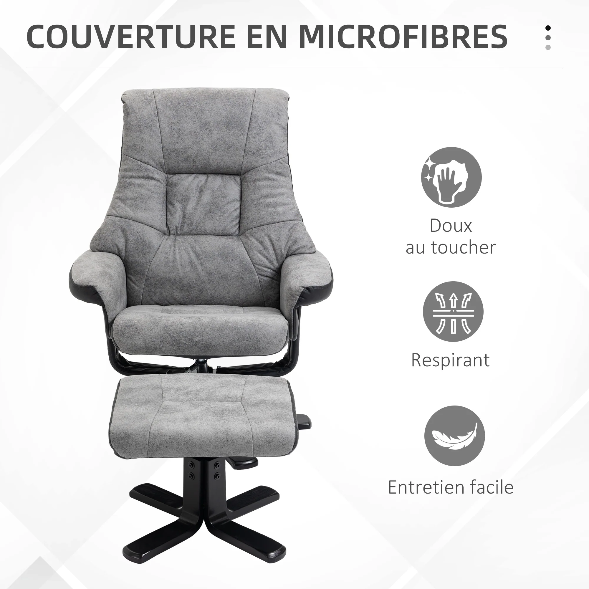 Fauteuil relax fauteuil de relaxation inclinable 135° avec repose-pieds pivotant 360° revêtement microfibre pieds en bois massif assise épais rembourrée gris - Image 6