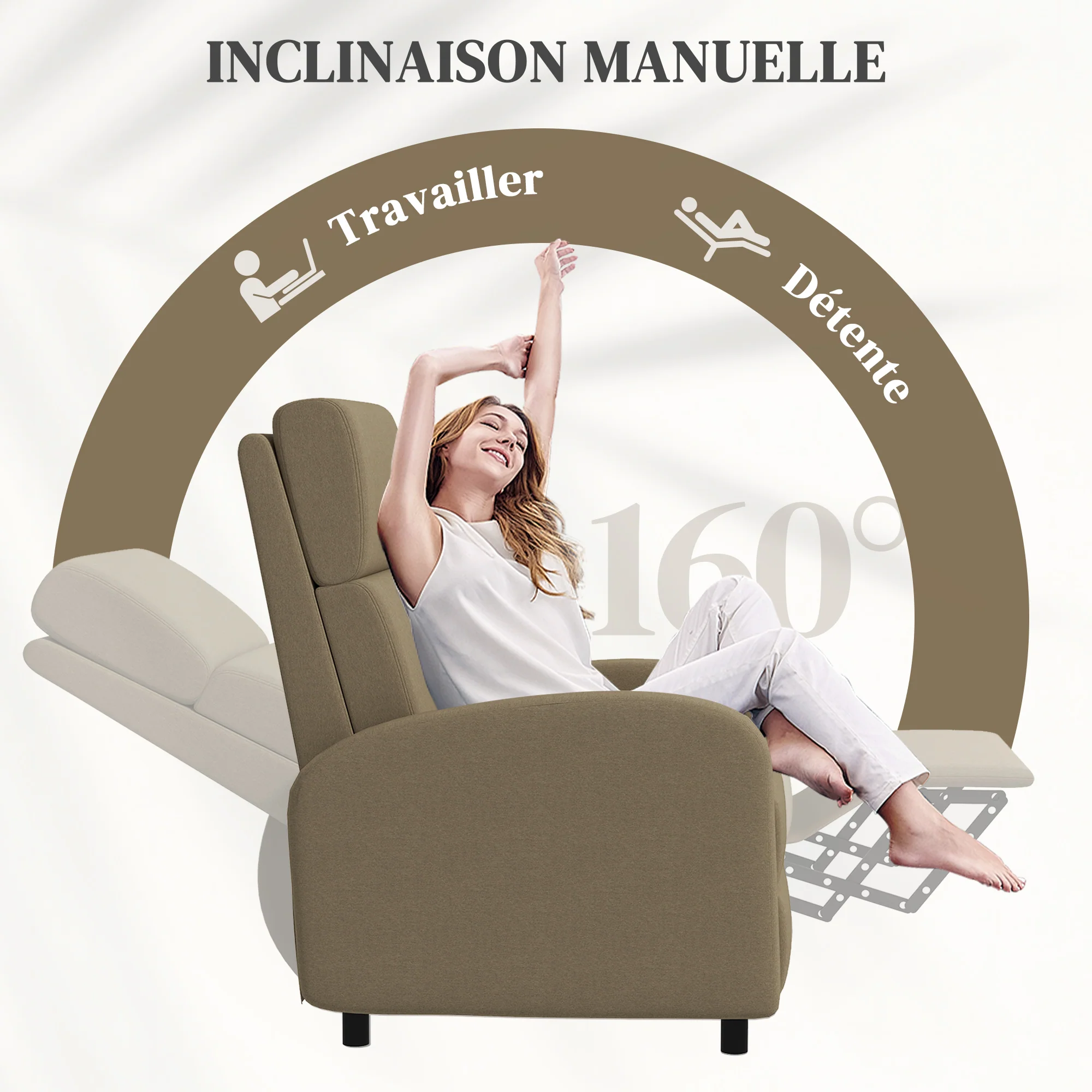 Fauteuil relax fauteuil de relaxation inclinable salon avec avec dossier réglable jusqu'à 160° manuellement, repose-pieds intégré pour salon chambre bureau home cinéma, charge 120 kg, beige - Image 5