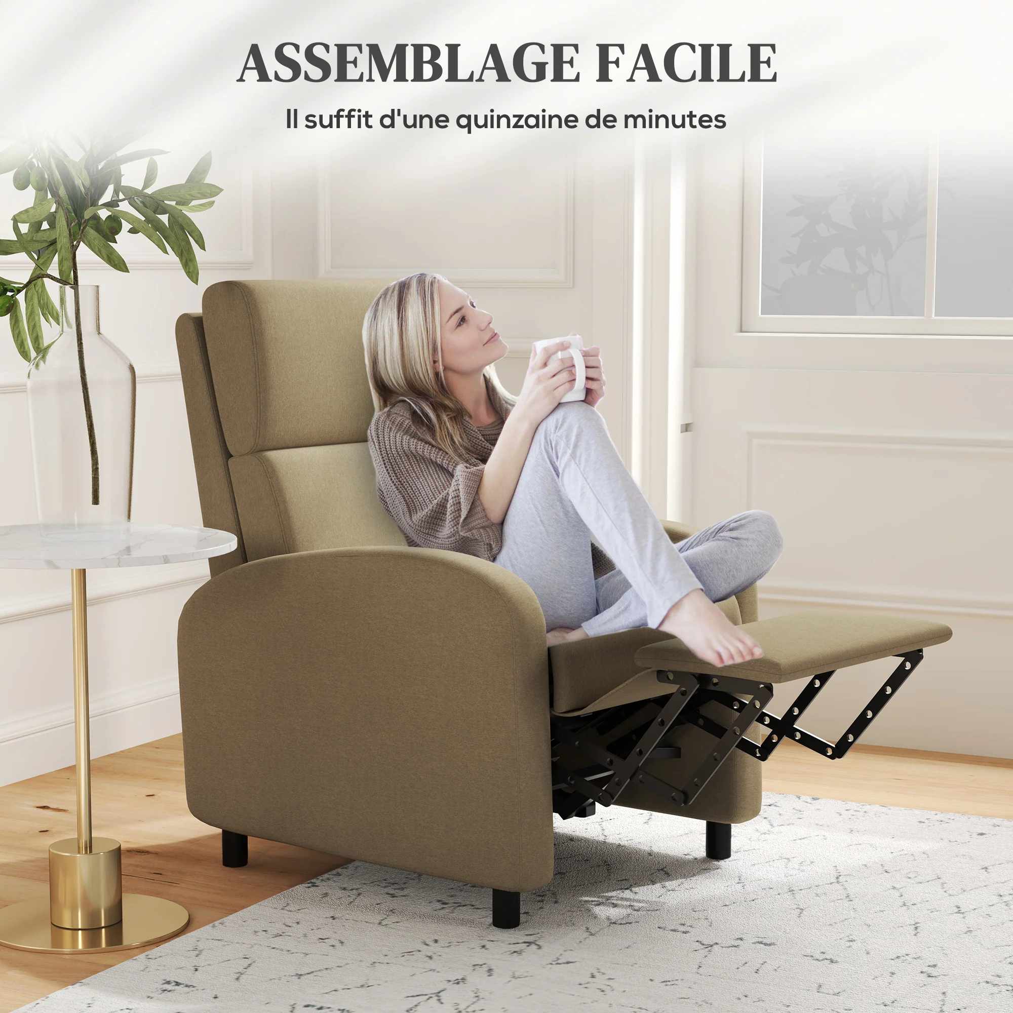 Fauteuil relax fauteuil de relaxation inclinable salon avec avec dossier réglable jusqu'à 160° manuellement, repose-pieds intégré pour salon chambre bureau home cinéma, charge 120 kg, beige - Image 8