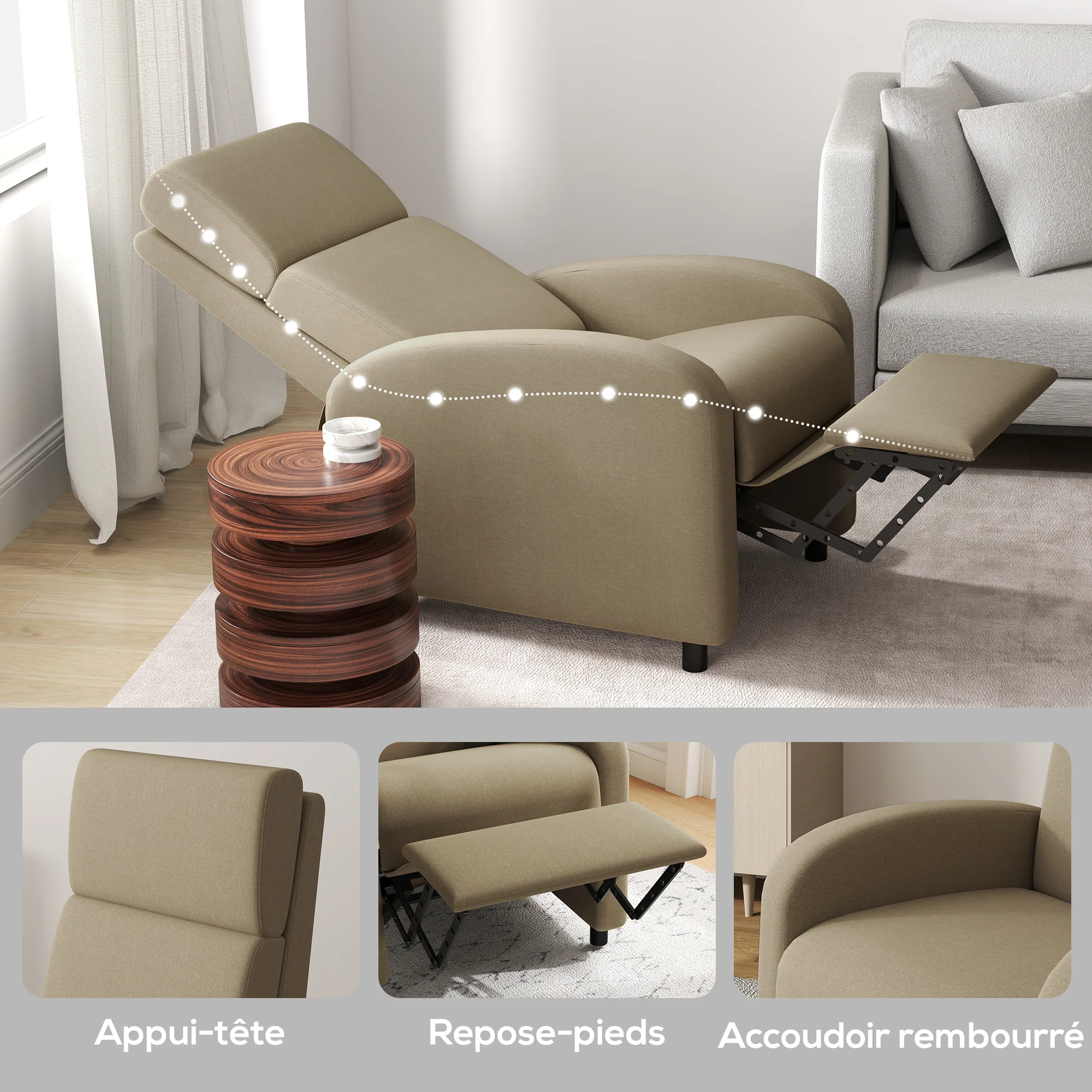 Fauteuil relax fauteuil de relaxation inclinable salon avec avec dossier réglable jusqu'à 160° manuellement, repose-pieds intégré pour salon chambre bureau home cinéma, charge 120 kg, beige - Image 9