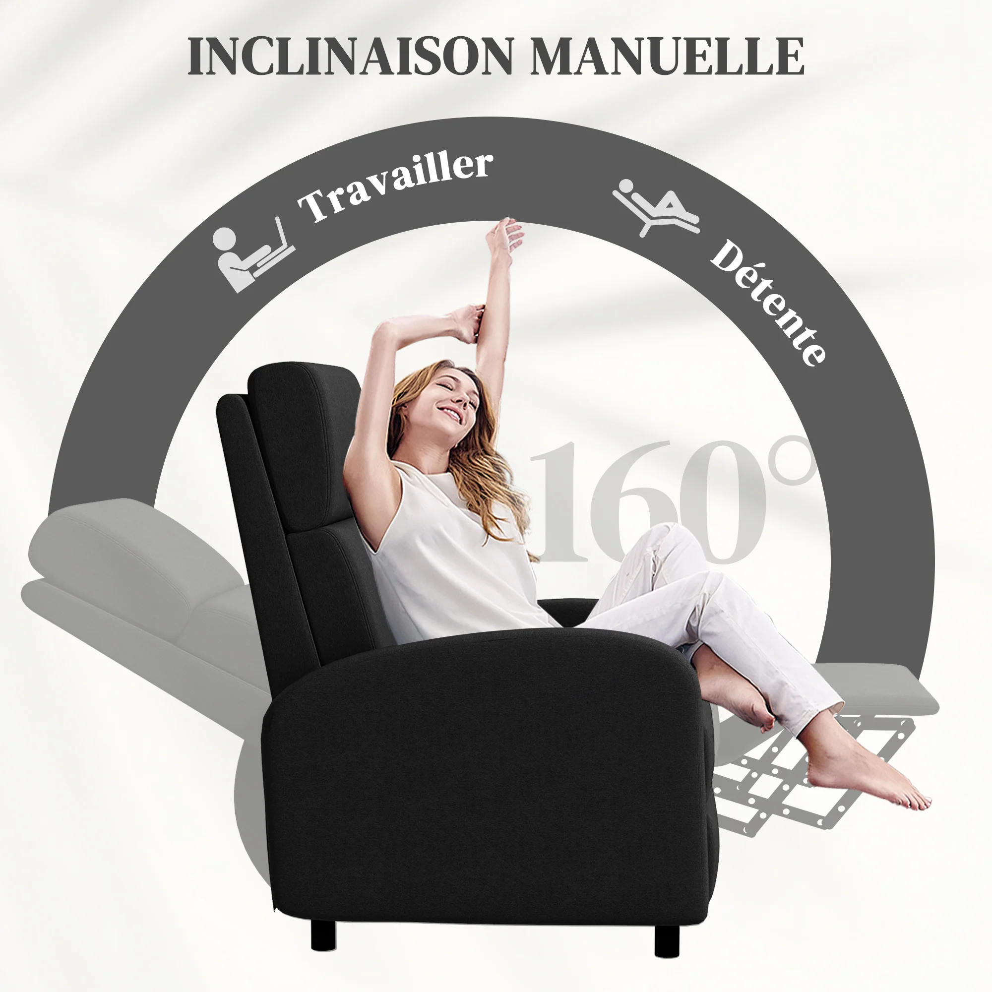 Fauteuil relax fauteuil de relaxation inclinable salon avec dossier réglable jusqu'à 160° manuellement, repose-pieds intégré pour salon chambre bureau home cinéma, charge 120 kg, noir - Image 5