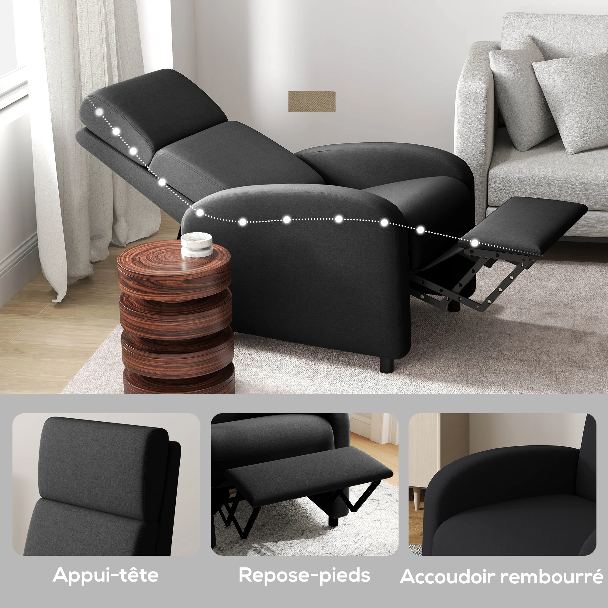 Fauteuil relax fauteuil de relaxation inclinable salon avec dossier réglable jusqu'à 160° manuellement, repose-pieds intégré pour salon chambre bureau home cinéma, charge 120 kg, noir - Image 8