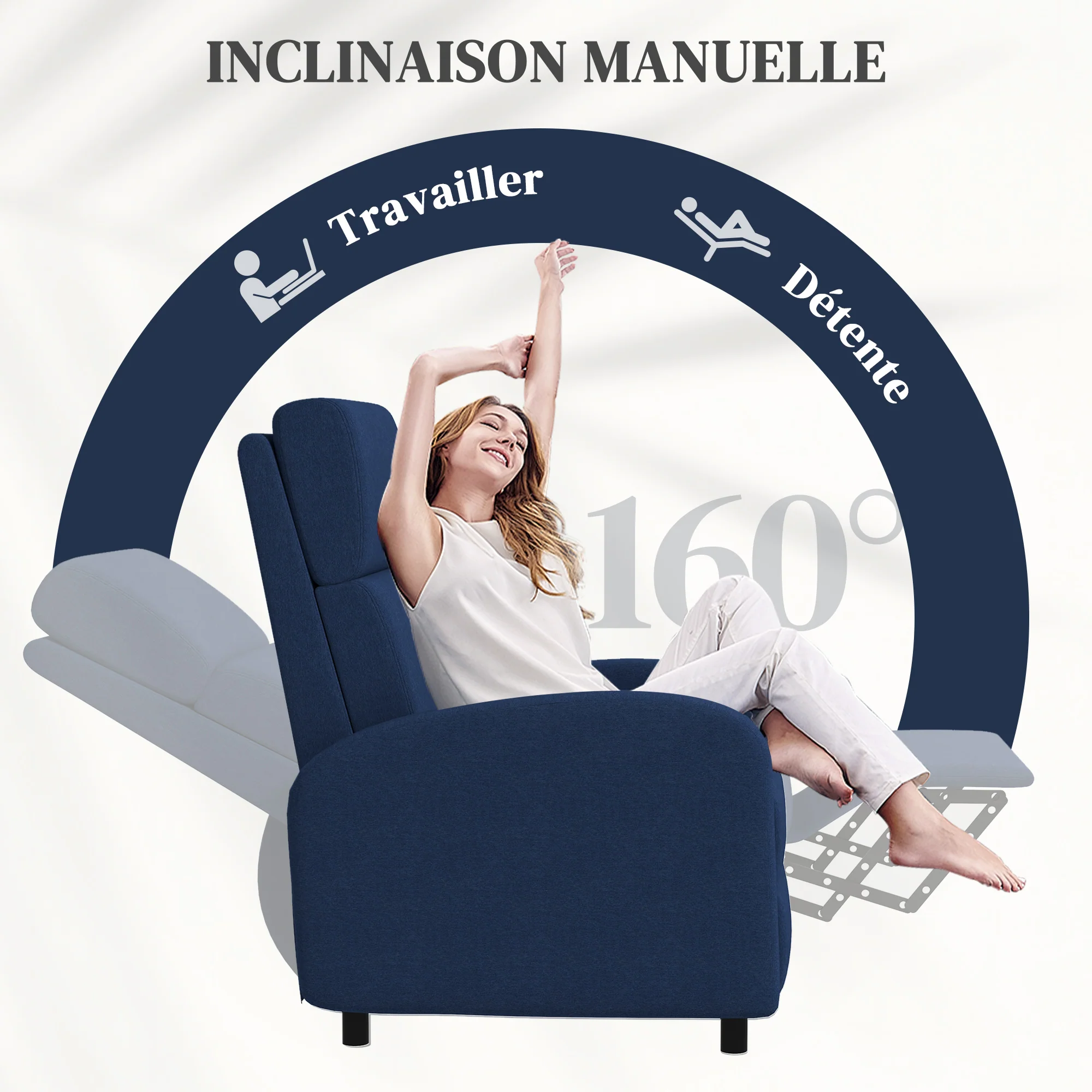 Fauteuil relax fauteuil de relaxation inclinable salon avec dossier réglable jusqu'à 160° manuellement, repose-pieds intégré pour salon chambre bureau home cinéma, charge 120 kg, bleu - Image 5