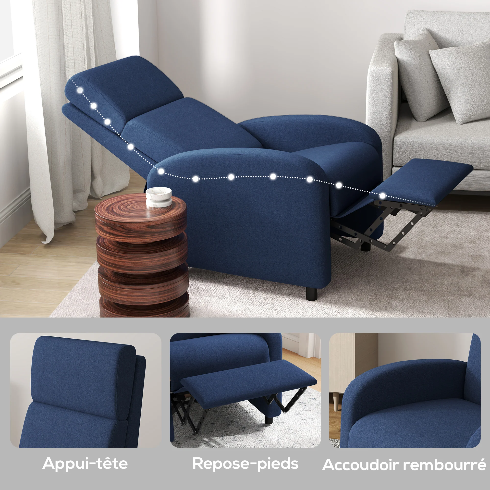 Fauteuil relax fauteuil de relaxation inclinable salon avec dossier réglable jusqu'à 160° manuellement, repose-pieds intégré pour salon chambre bureau home cinéma, charge 120 kg, bleu - Image 9
