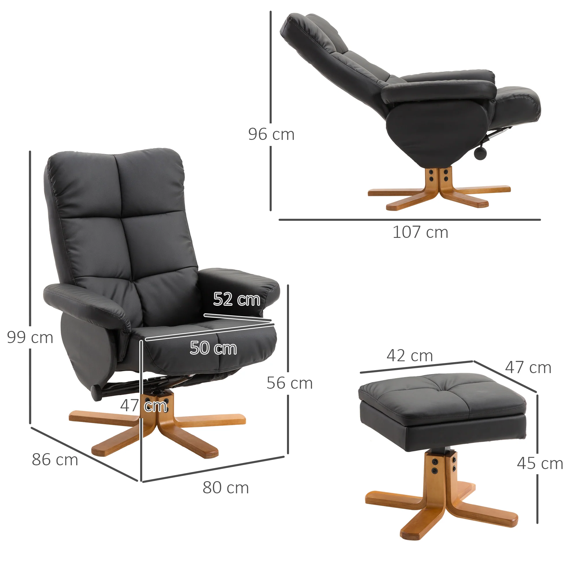 Fauteuil relax inclinable fauteuil de salon avec repose-pieds pouf coffre rangement revêtement synthétique couleur noire - Image 4
