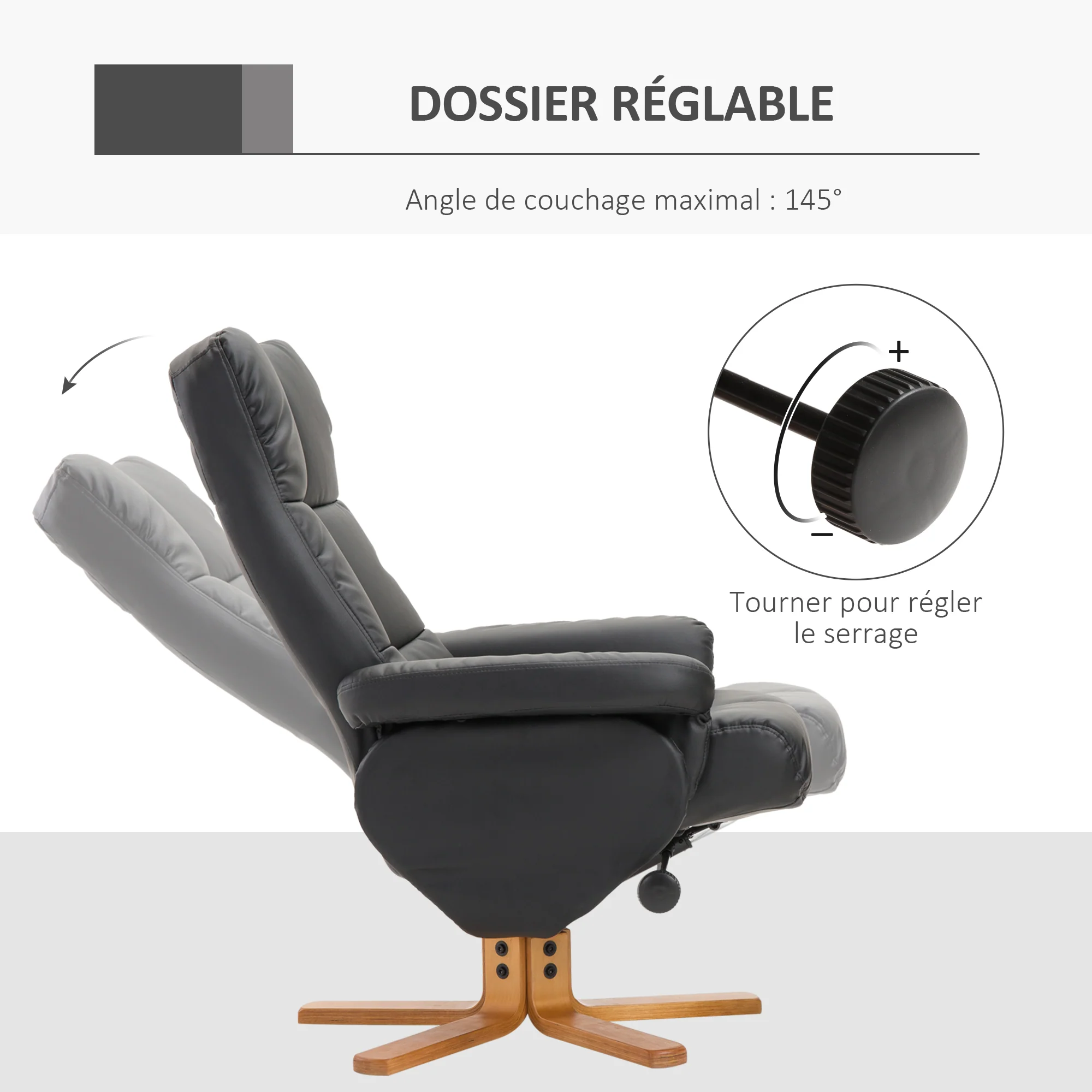 Fauteuil relax inclinable fauteuil de salon avec repose-pieds pouf coffre rangement revêtement synthétique couleur noire - Image 5