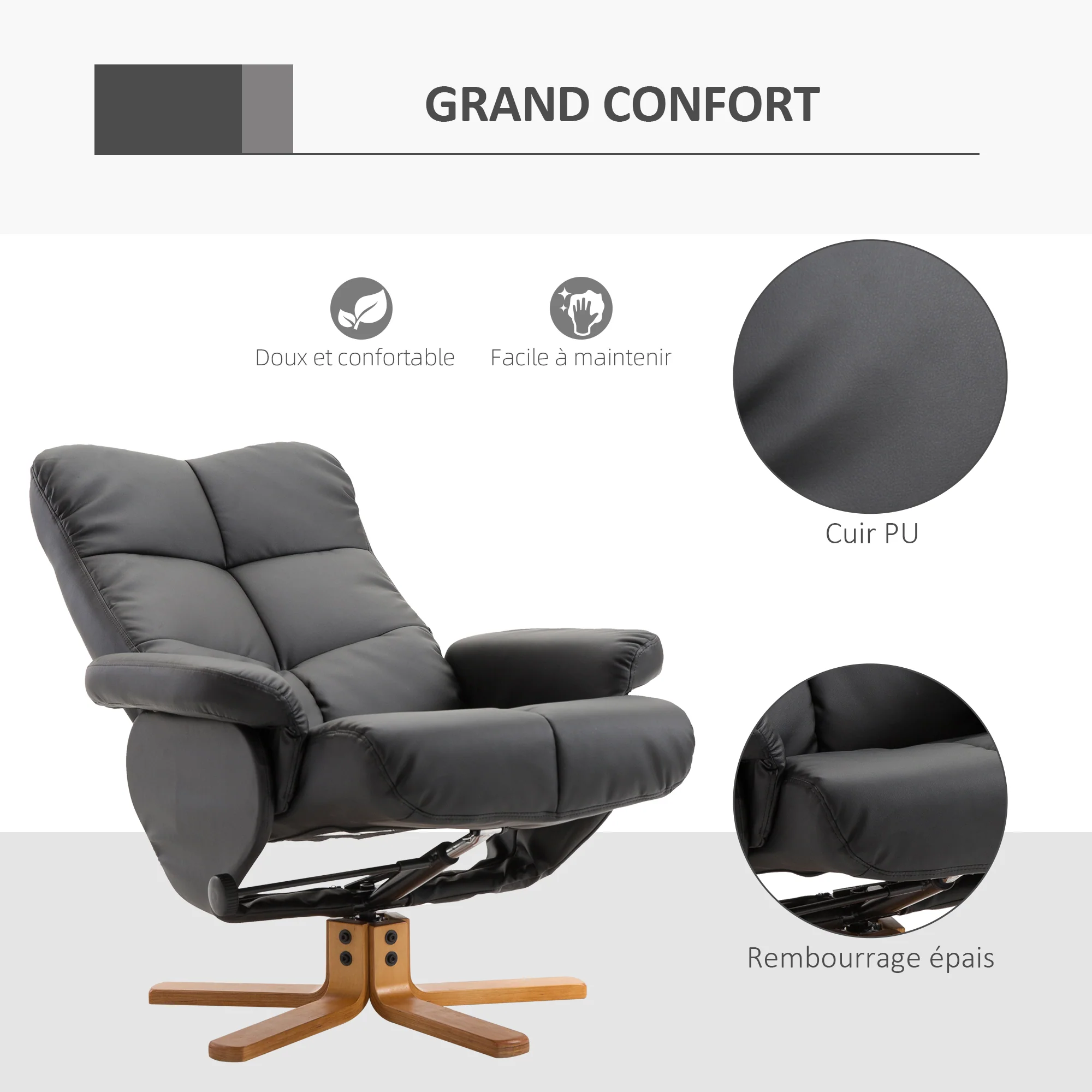 Fauteuil relax inclinable fauteuil de salon avec repose-pieds pouf coffre rangement revêtement synthétique couleur noire - Image 7