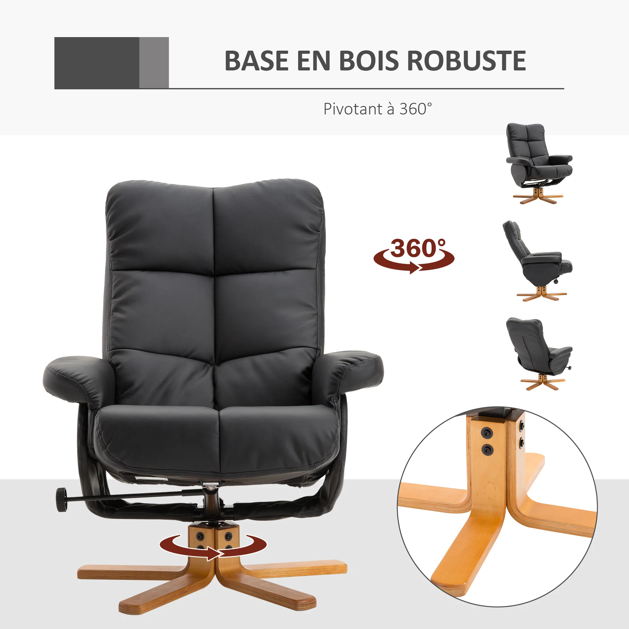 Fauteuil relax inclinable fauteuil de salon avec repose-pieds pouf coffre rangement revêtement synthétique couleur noire - Image 8