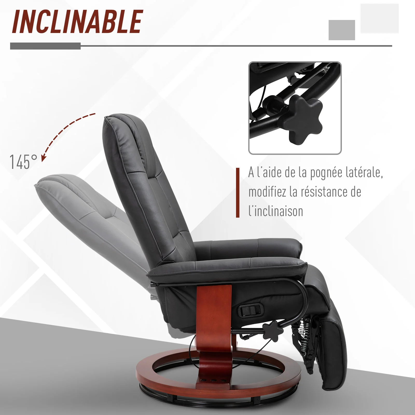 Fauteuil relax inclinable fauteuil de salon repose-pieds réglable pivotant 360° piètement bois revêtement synthétique noir - Image 5