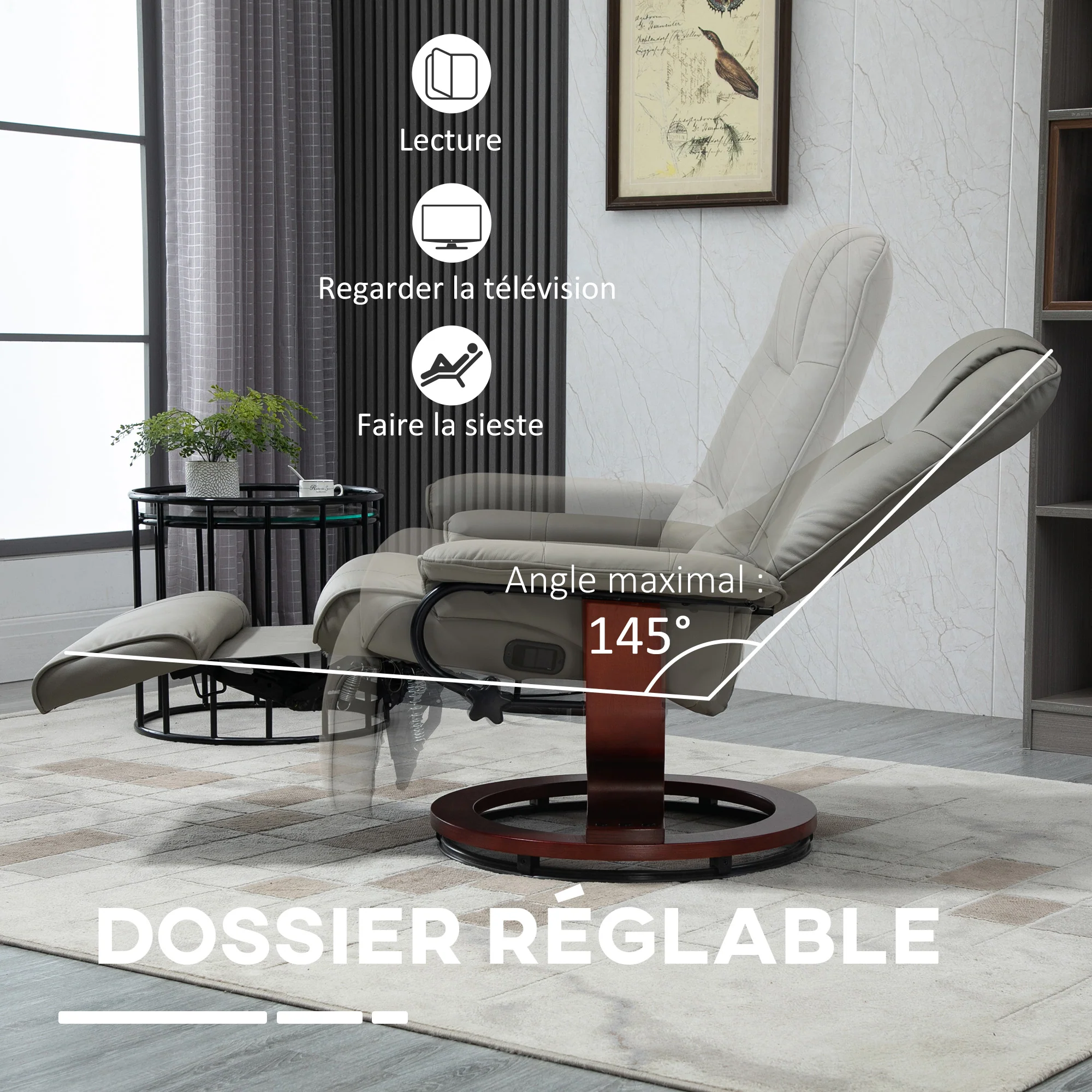 Fauteuil relax inclinable fauteuil de salon repose-pieds réglable pivotant 360° piètement bois revêtement synthétique gris - Image 5