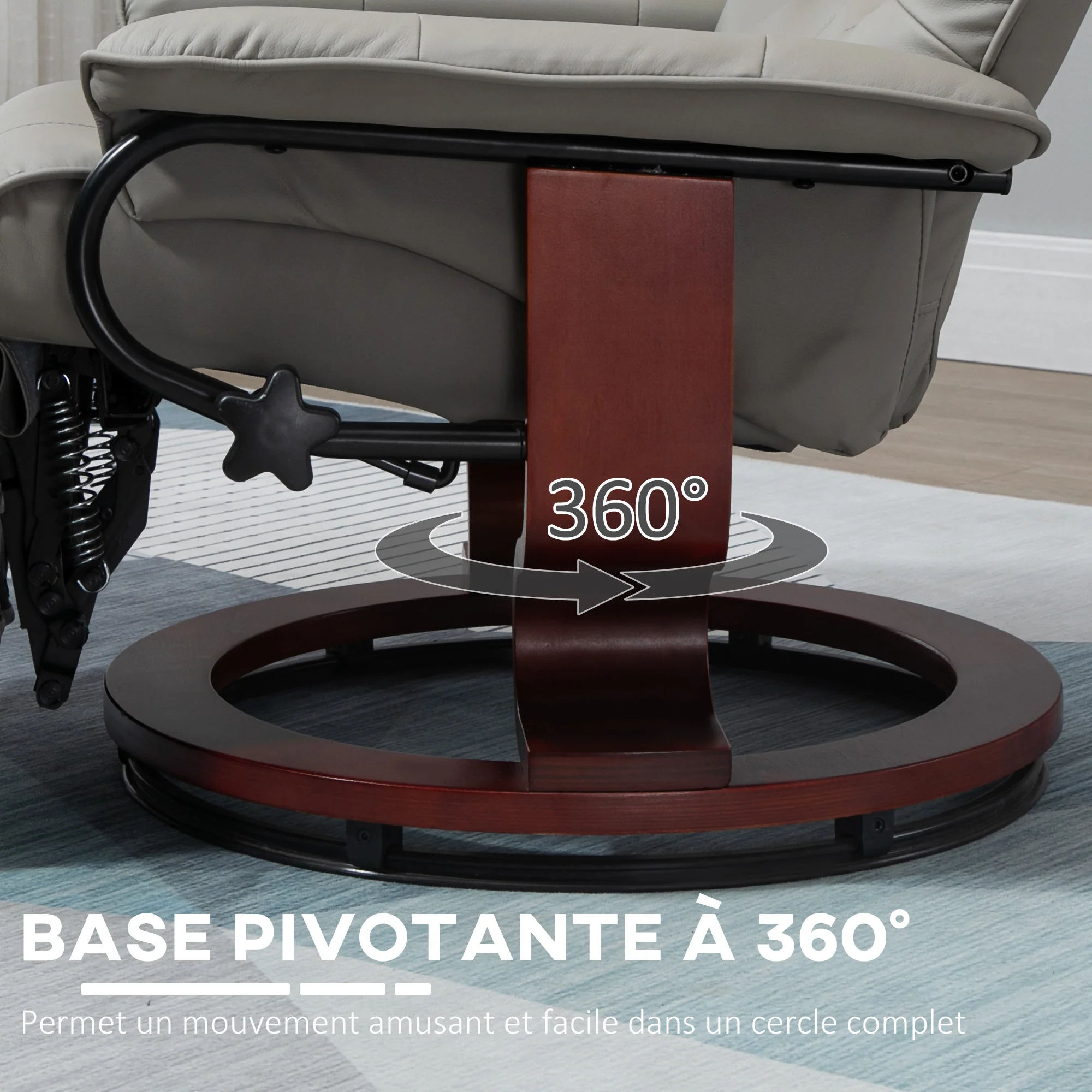 Fauteuil relax inclinable fauteuil de salon repose-pieds réglable pivotant 360° piètement bois revêtement synthétique gris - Image 6