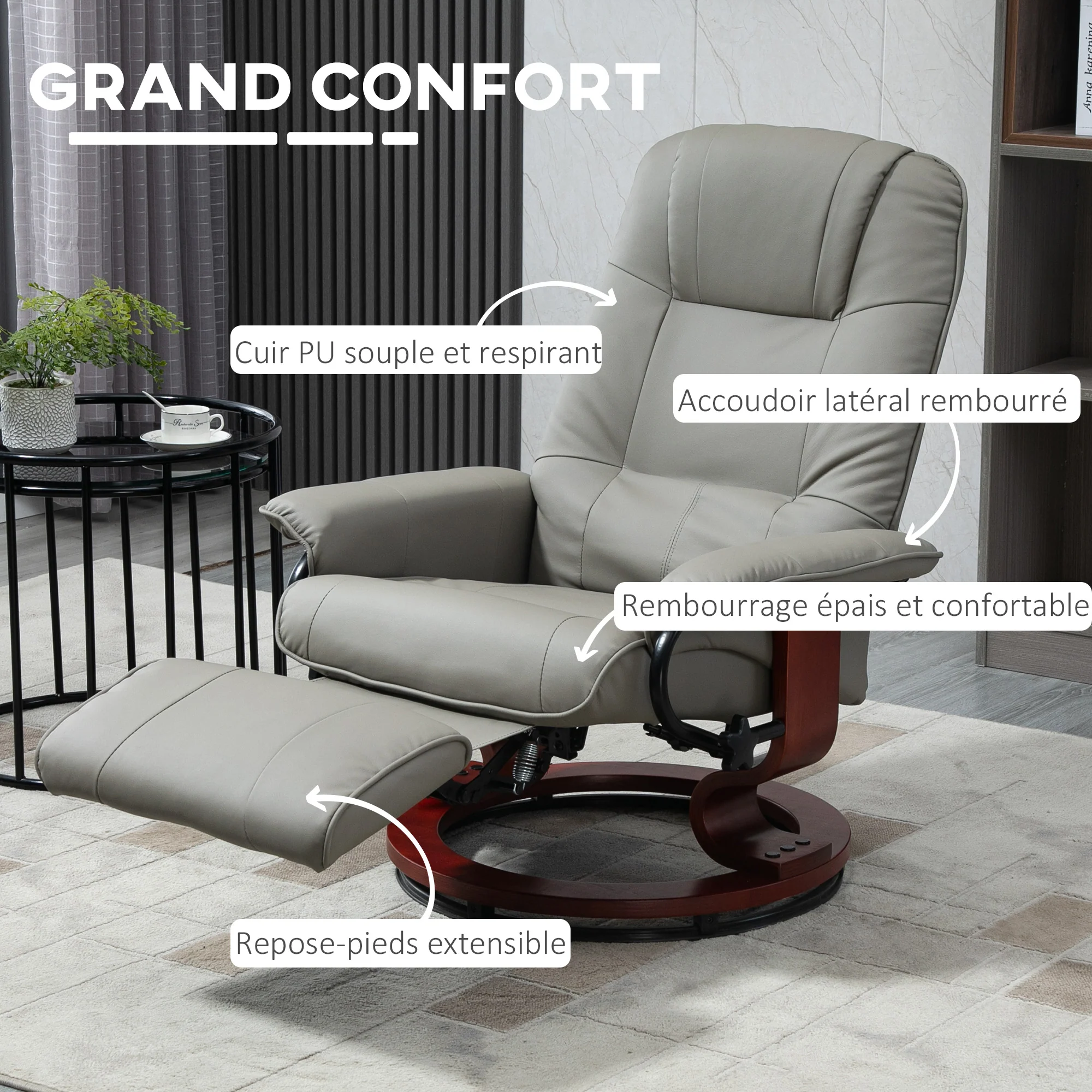 Fauteuil relax inclinable fauteuil de salon repose-pieds réglable pivotant 360° piètement bois revêtement synthétique gris - Image 7