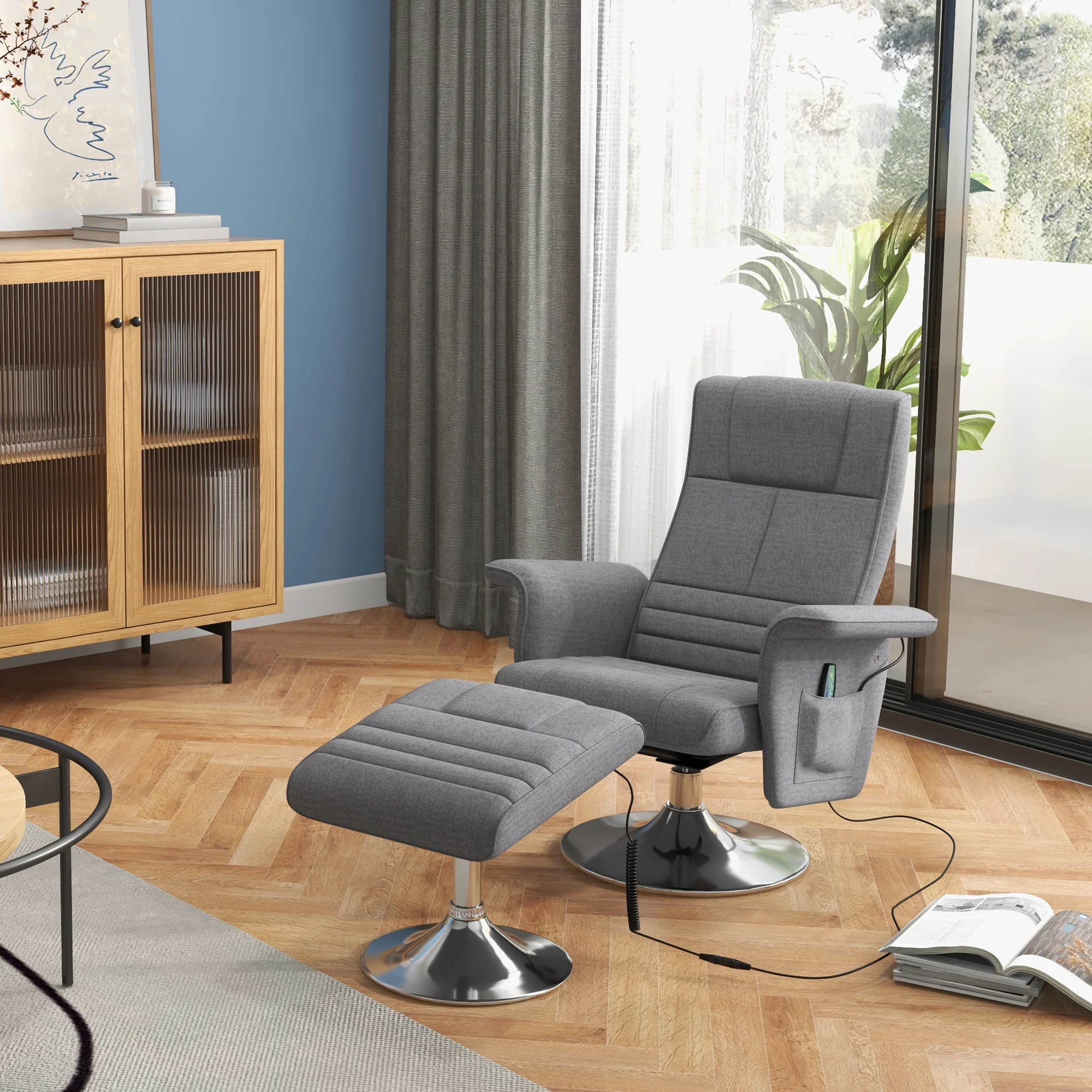 Fauteuil relax massant par vibrations avec pouf, fauteuil TV avec fonction chaise longue, siège pivotant à 360° assise rembourrée confortable, pour salon, chambre, tissu effet lin, gris foncé - Image 3