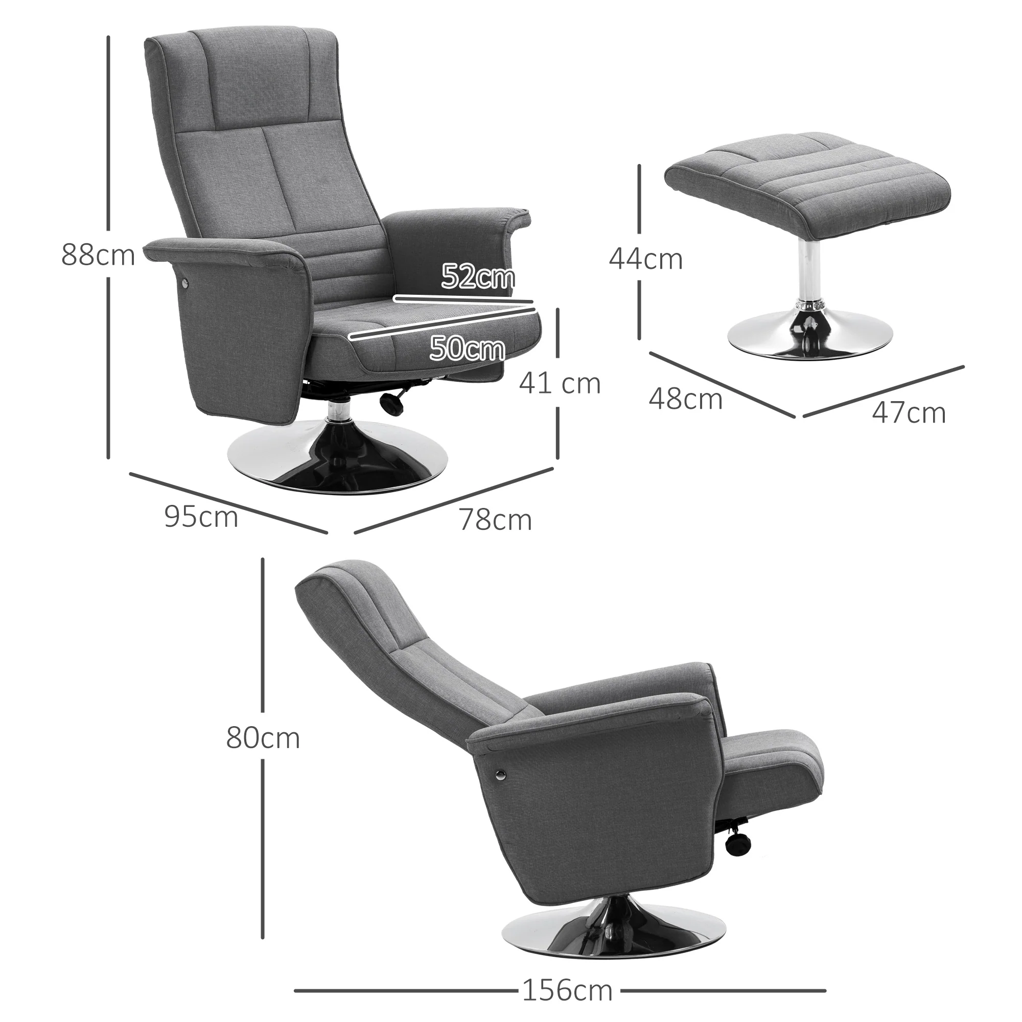 Fauteuil relax massant par vibrations avec pouf, fauteuil TV avec fonction chaise longue, siège pivotant à 360° assise rembourrée confortable, pour salon, chambre, tissu effet lin, gris foncé - Image 4