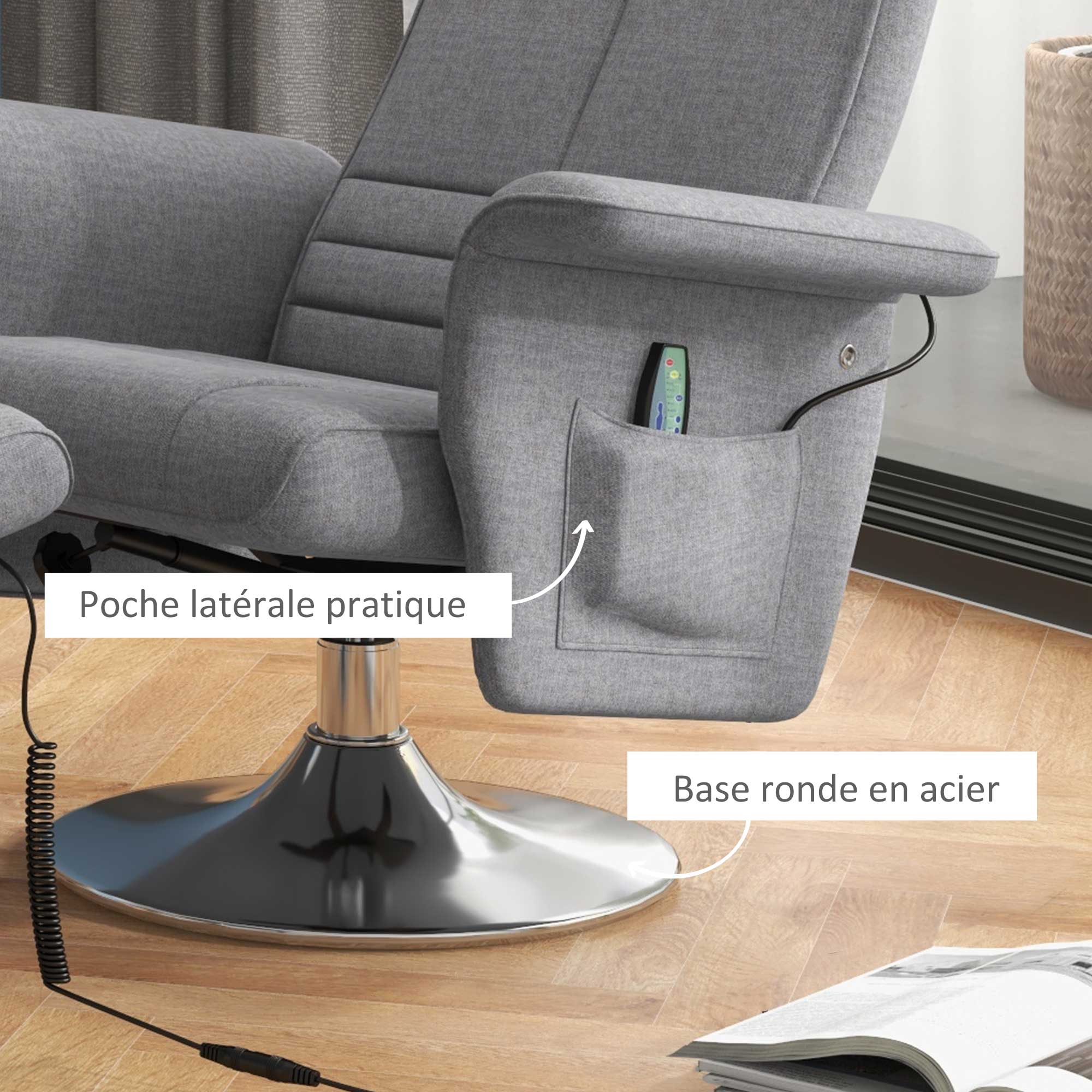 Fauteuil relax massant par vibrations avec pouf, fauteuil TV avec fonction chaise longue, siège pivotant à 360° assise rembourrée confortable, pour salon, chambre, tissu effet lin, gris foncé - Image 7