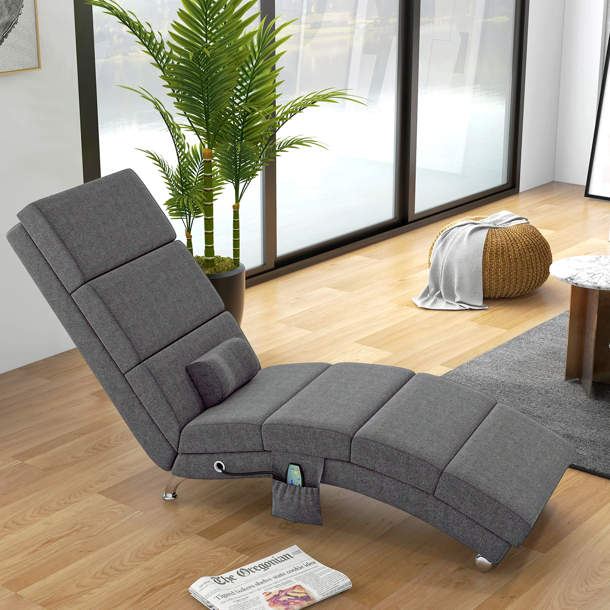 Fauteuil relax salon fauteuil de massage et chauffage meridienne chaise longue d'intérieur, avec télécommande et oreiller, chambre à coucher, salon, tissu effet lin gris - Image 3