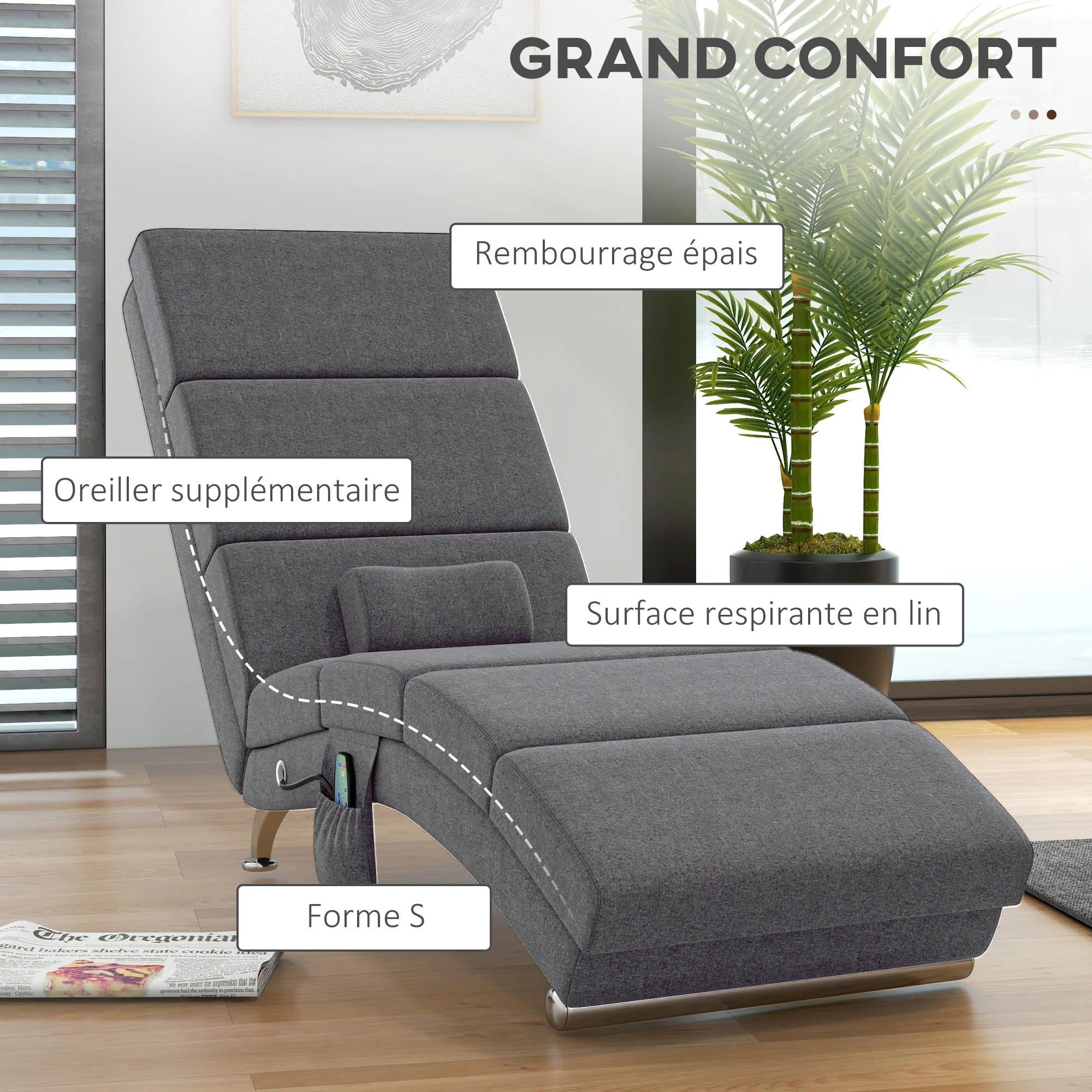 Fauteuil relax salon fauteuil de massage et chauffage meridienne chaise longue d'intérieur, avec télécommande et oreiller, chambre à coucher, salon, tissu effet lin gris - Image 6