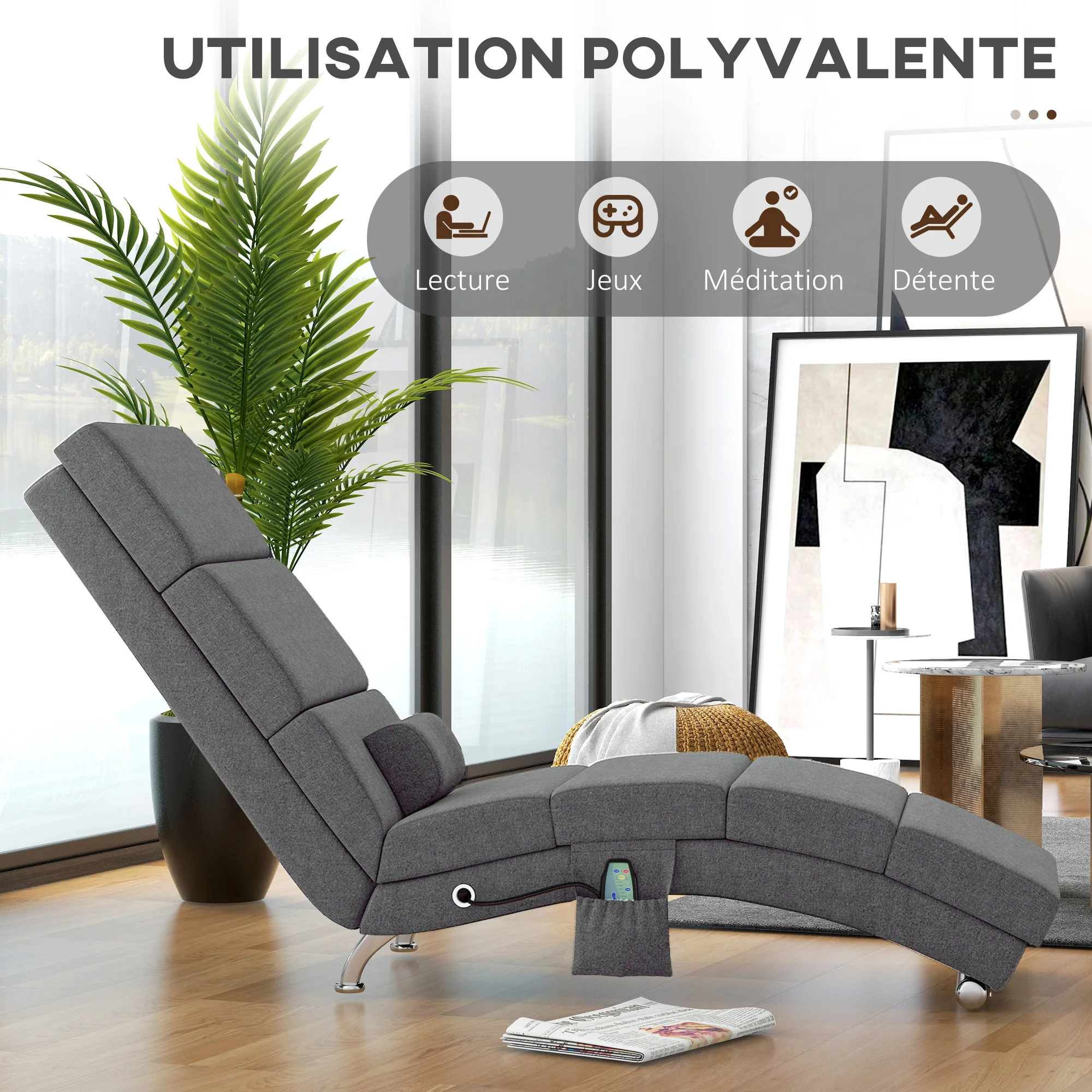 Fauteuil relax salon fauteuil de massage et chauffage meridienne chaise longue d'intérieur, avec télécommande et oreiller, chambre à coucher, salon, tissu effet lin gris - Image 7