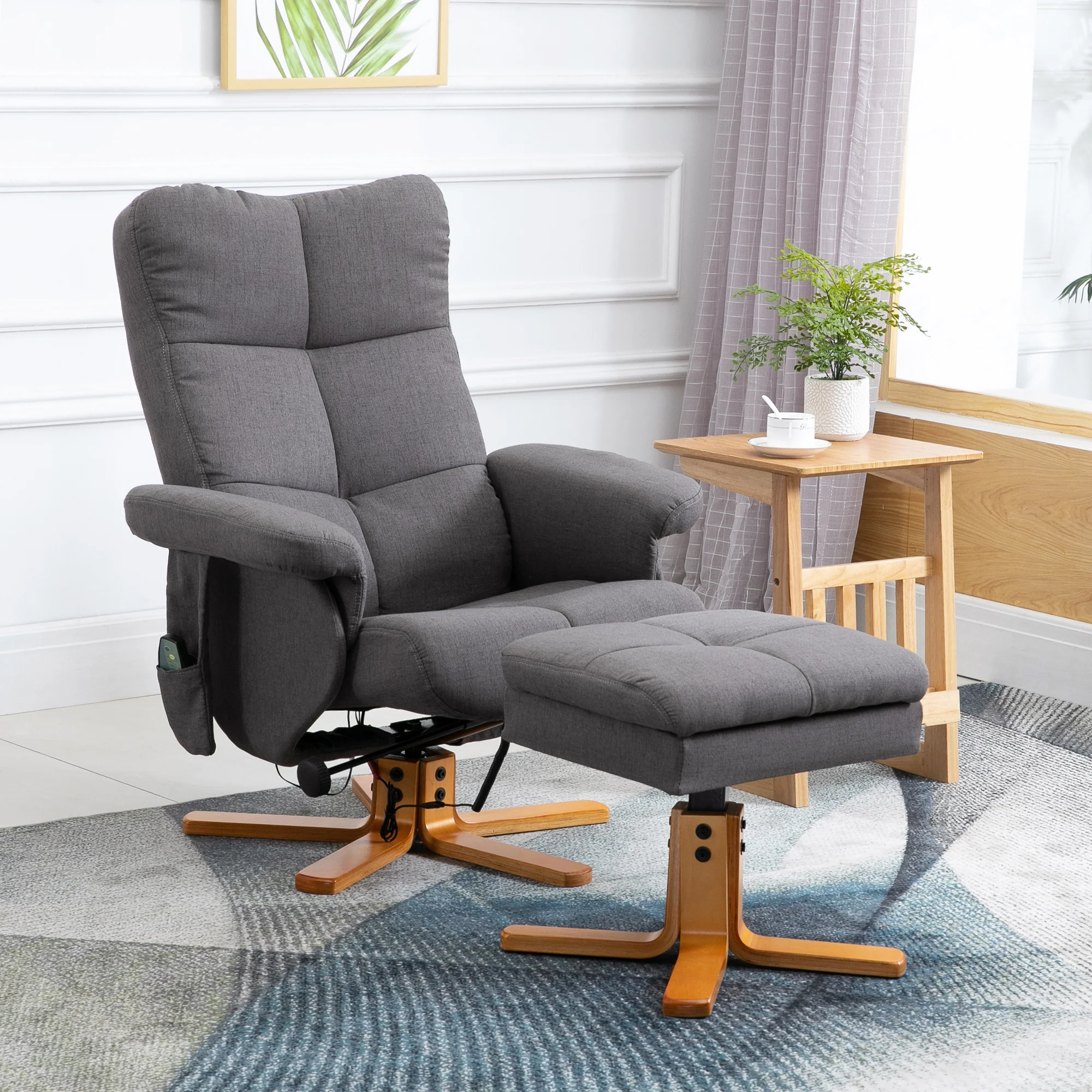Fauteuil relaxant avec repose-pieds, espace de rangement, fauteuil de massage électrique avec fonction de couchage, fauteuil de télévision pivotant avec poche latérale, télécommande, cadre en bois, polyester, Gris foncé - Image 2