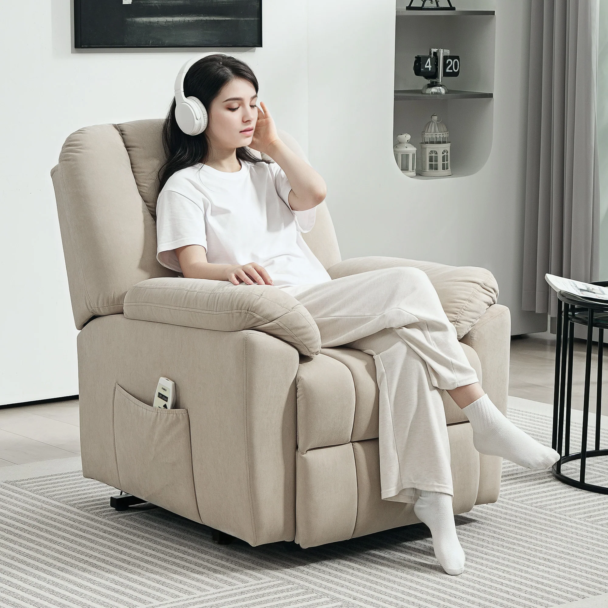 Fauteuil releveur électrique avec fonction massage et chauffage, fauteuil relax électrique avec dossier inclinable, ports USB, télécommande, fauteuil relaxant pour personnes âgées, beige - Image 9