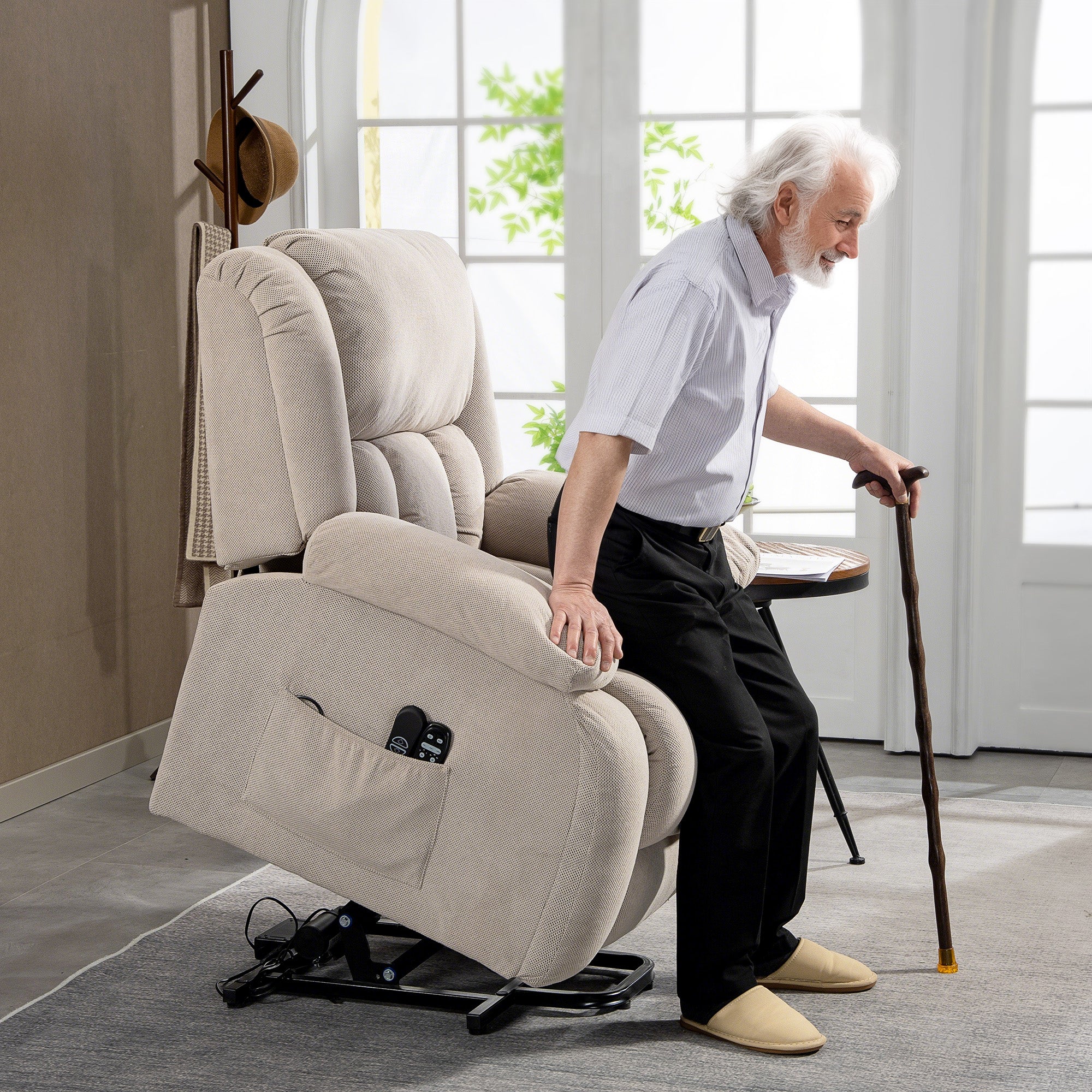 Fauteuil releveur électrique avec fonction massage et chauffage, fauteuil relax électrique avec dossier inclinable, ports USB, télécommande, repose-pied et poche latérale, beige - Image 10