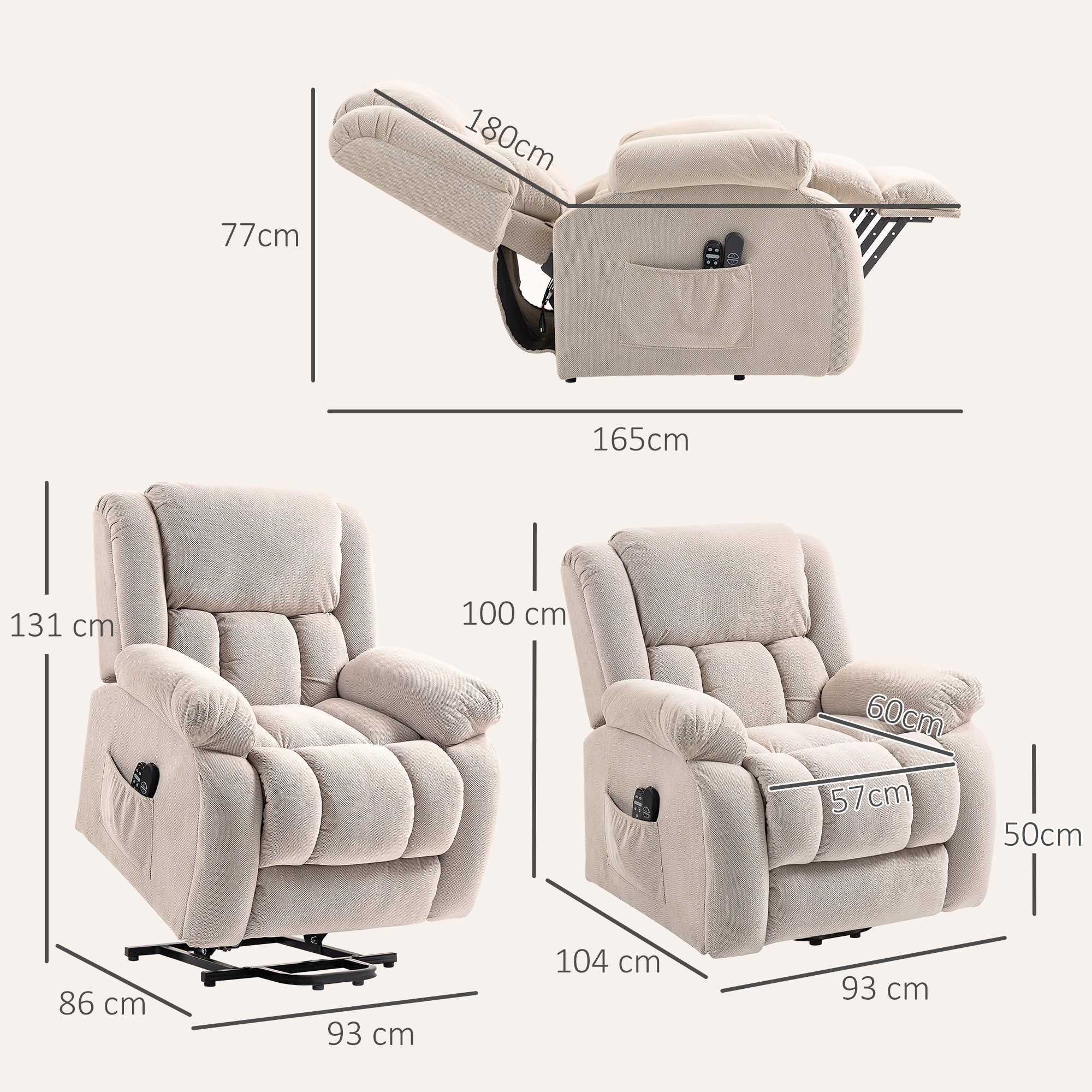 Fauteuil releveur électrique avec fonction massage et chauffage, fauteuil relax électrique avec dossier inclinable, ports USB, télécommande, repose-pied et poche latérale, beige - Image 4