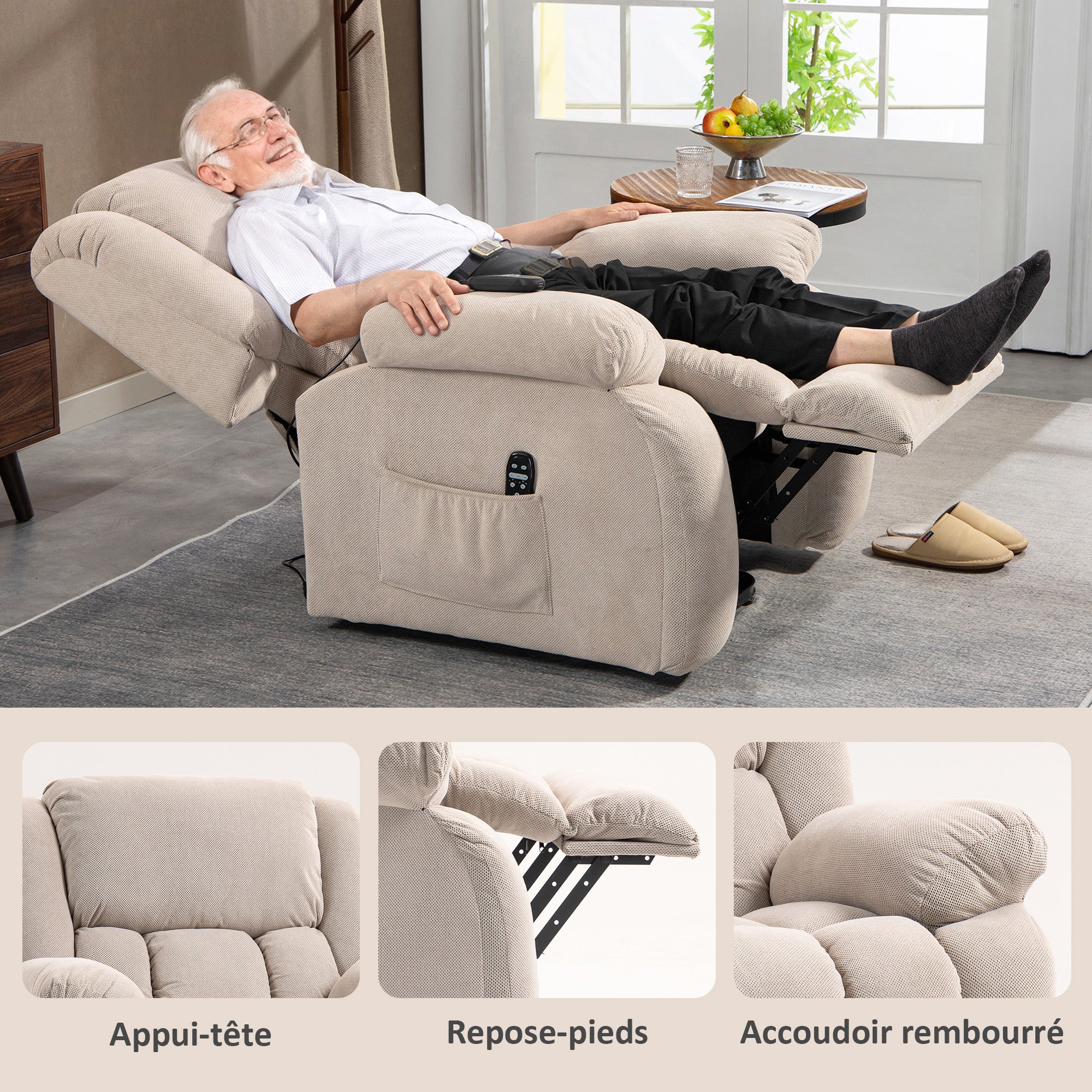 Fauteuil releveur électrique avec fonction massage et chauffage, fauteuil relax électrique avec dossier inclinable, ports USB, télécommande, repose-pied et poche latérale, beige - Image 9