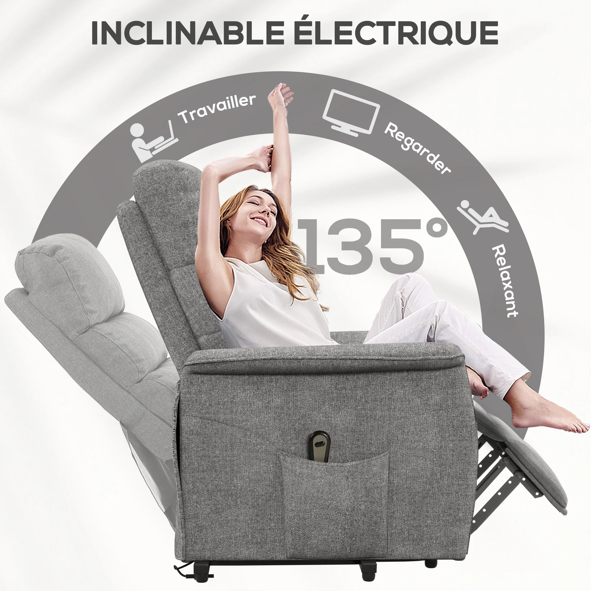 Fauteuil releveur électrique Fauteuil de Relaxation inclinable avec Repose-Pied, télécommande, Pochette, Tissu de Lin, Gris - Image 6