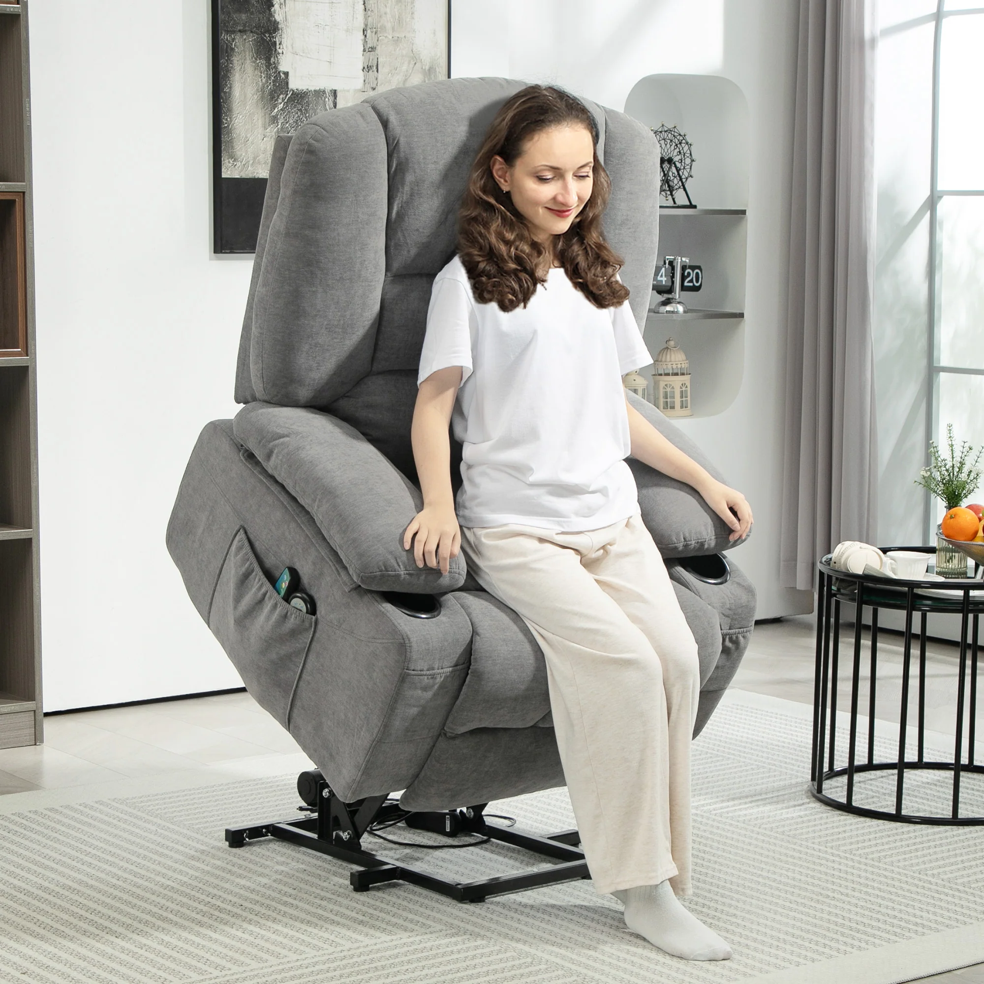 Fauteuil releveur électrique, fauteuil relax électrique, avec fonction massage et chaleur, inclinaison réglable, repose-pied, 2 télécommandes, dim. 97L x 90l x 102H cm gris foncé - Image 3