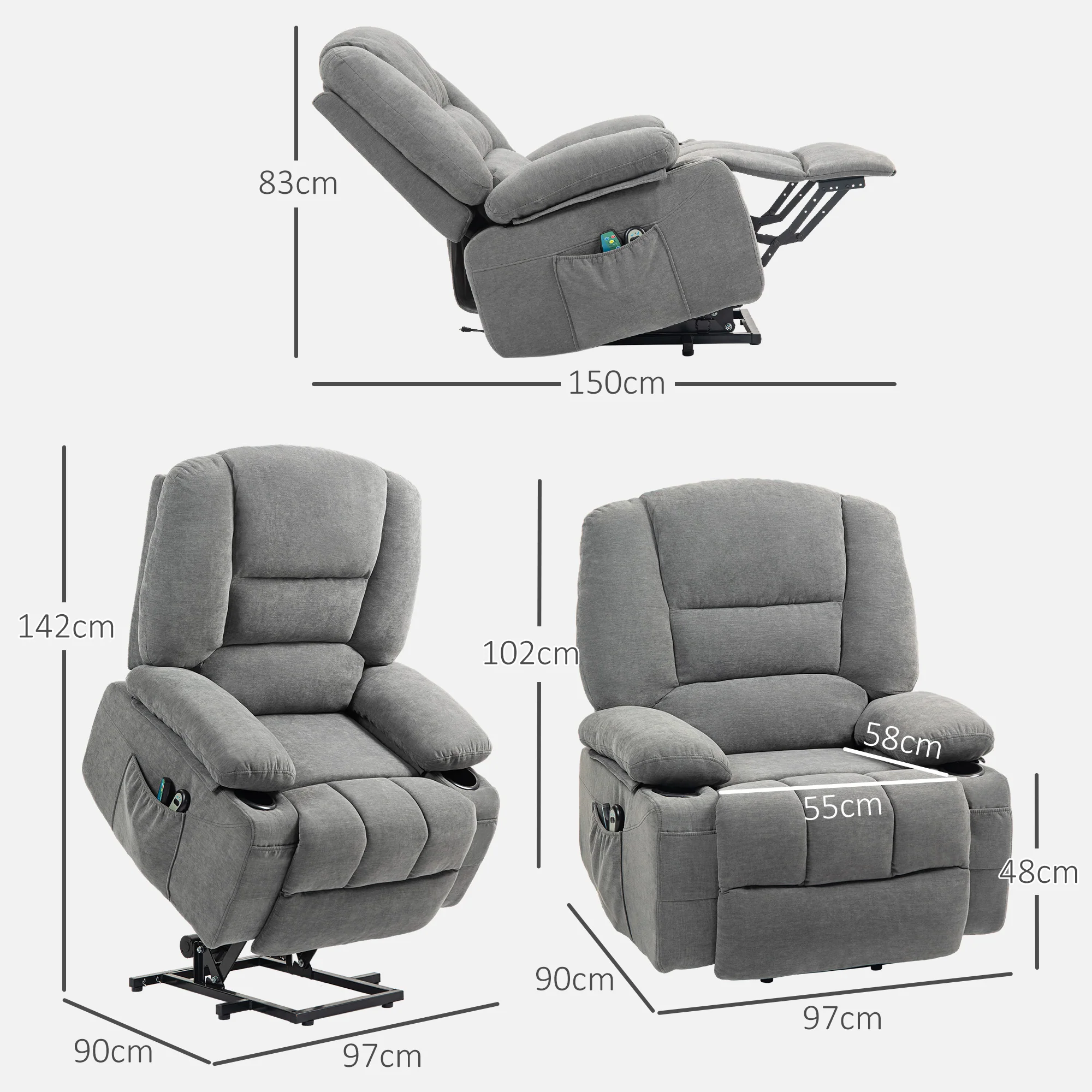 Fauteuil releveur électrique, fauteuil relax électrique, avec fonction massage et chaleur, inclinaison réglable, repose-pied, 2 télécommandes, dim. 97L x 90l x 102H cm gris foncé - Image 4