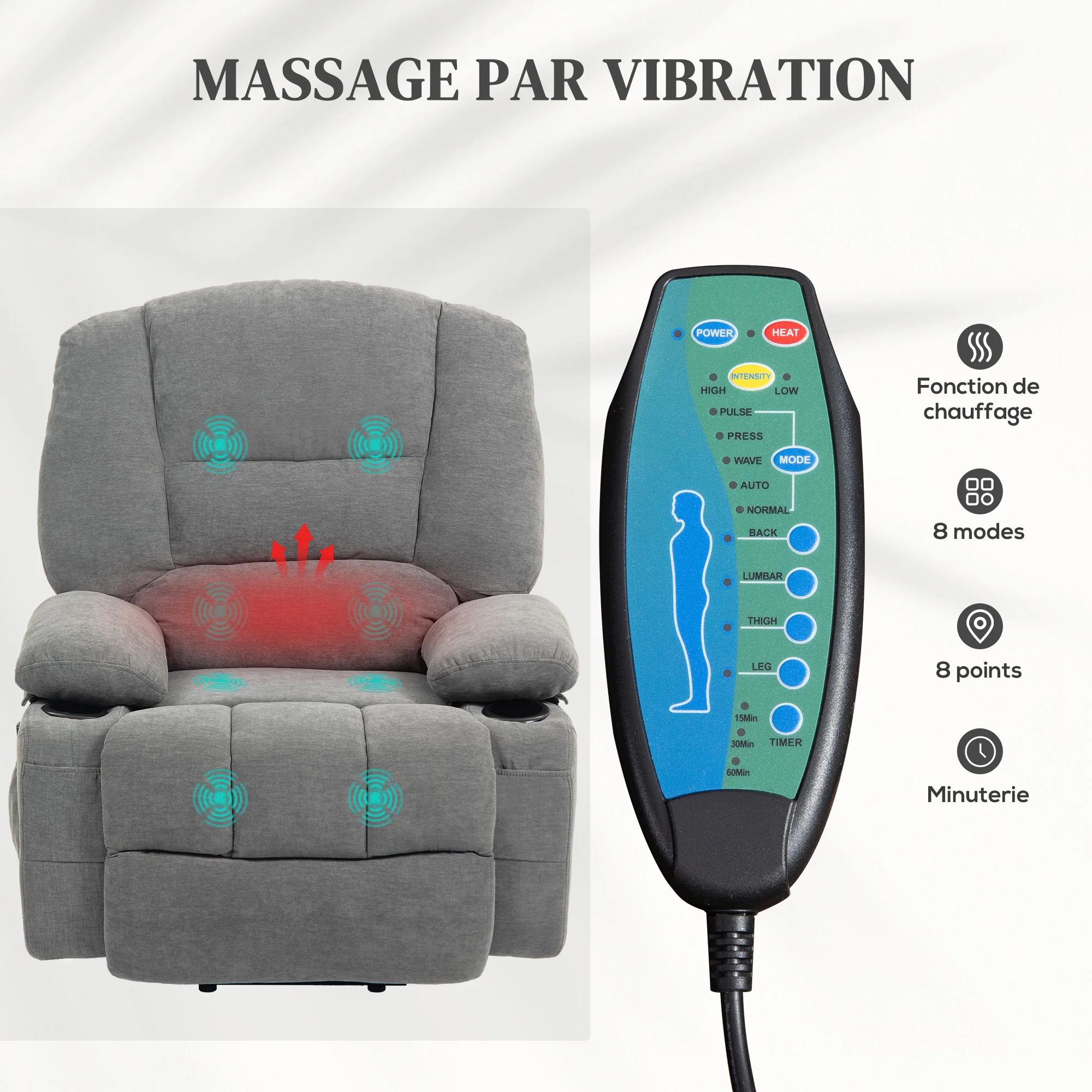 Fauteuil releveur électrique, fauteuil relax électrique, avec fonction massage et chaleur, inclinaison réglable, repose-pied, 2 télécommandes, dim. 97L x 90l x 102H cm gris foncé - Image 6
