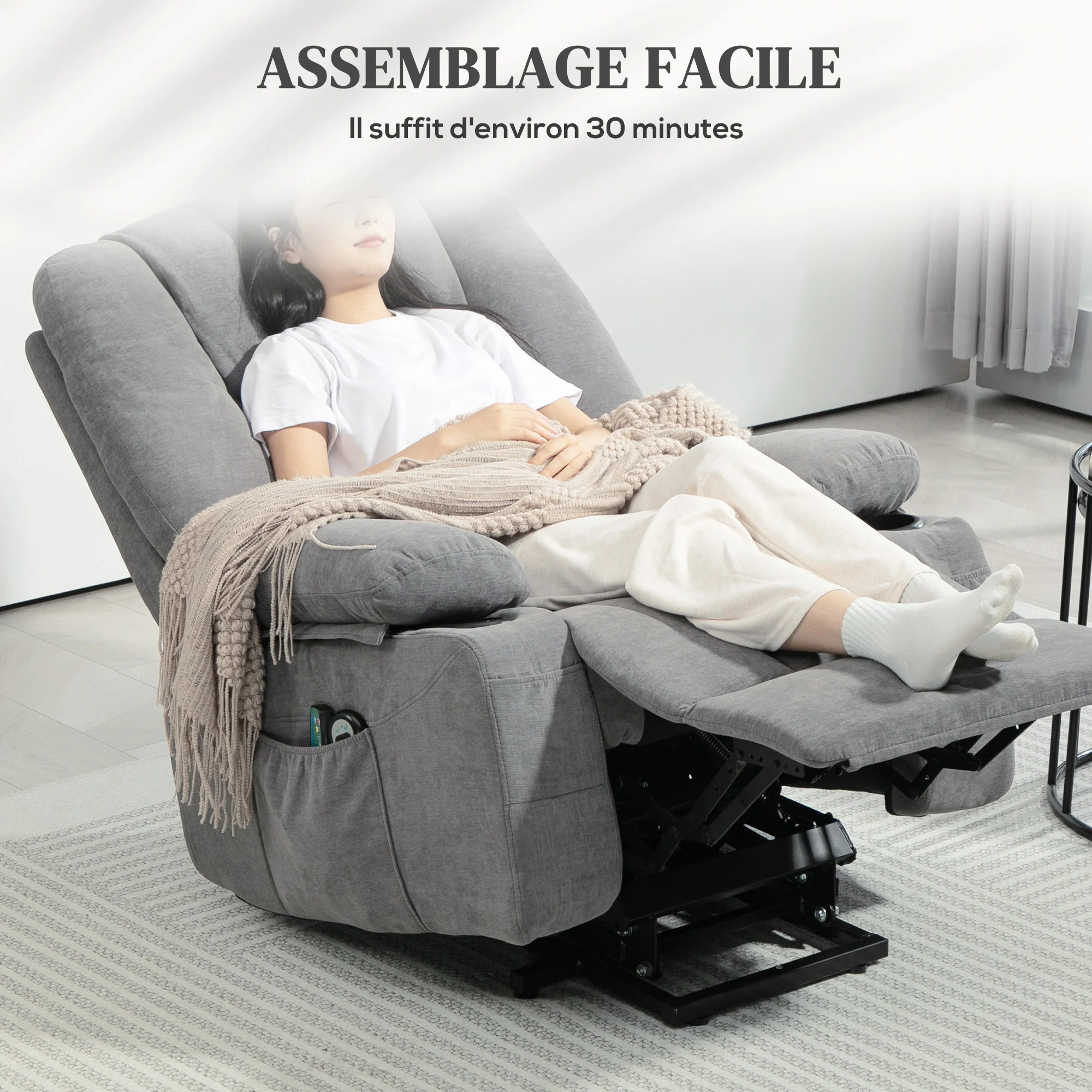Fauteuil releveur électrique, fauteuil relax électrique, avec fonction massage et chaleur, inclinaison réglable, repose-pied, 2 télécommandes, dim. 97L x 90l x 102H cm gris foncé - Image 9