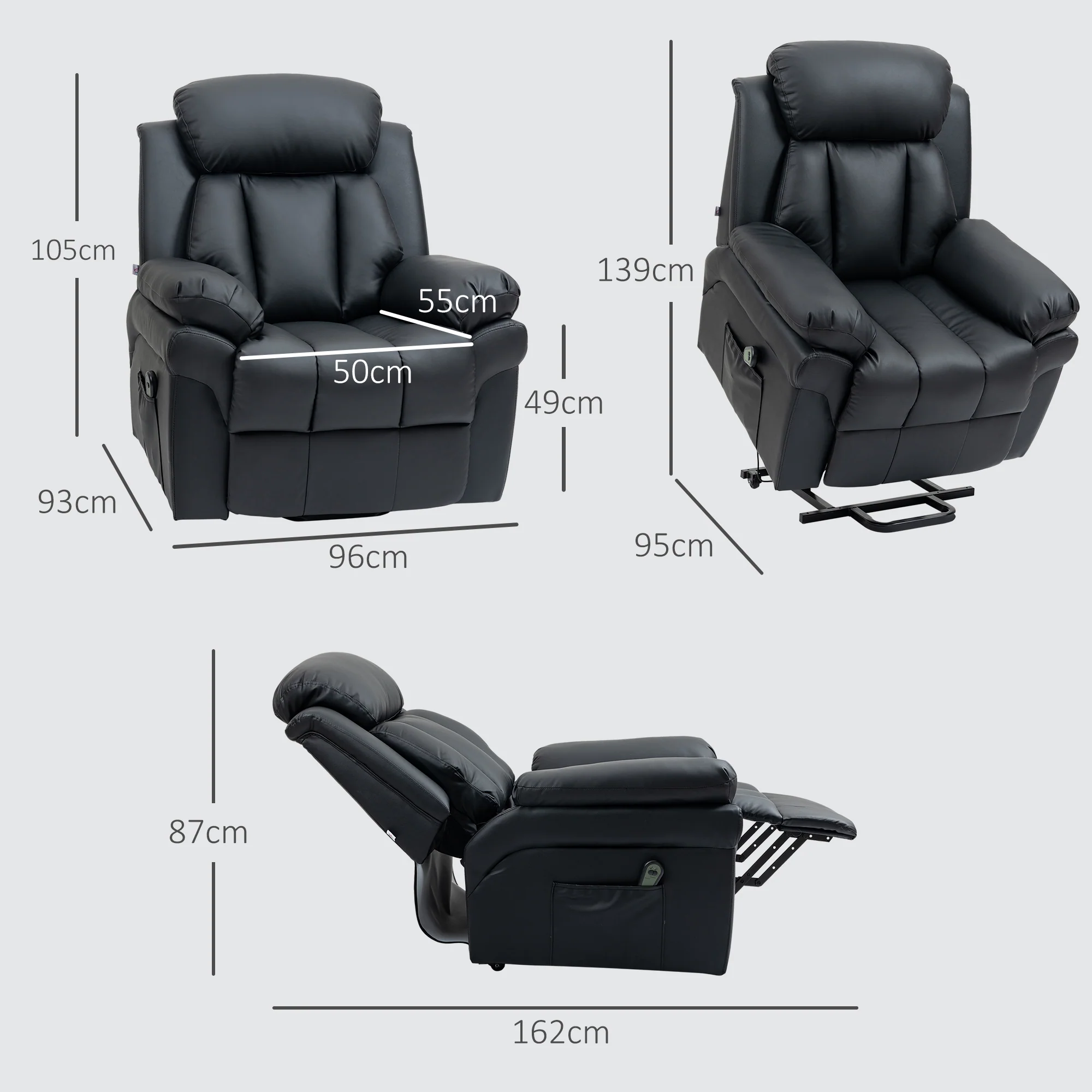 Fauteuil releveur électrique, fauteuil relax électrique avec repose-pied ajustable, dossier inclinable, télécommande, poche latérale, pour personnes âgées, noir - Image 4