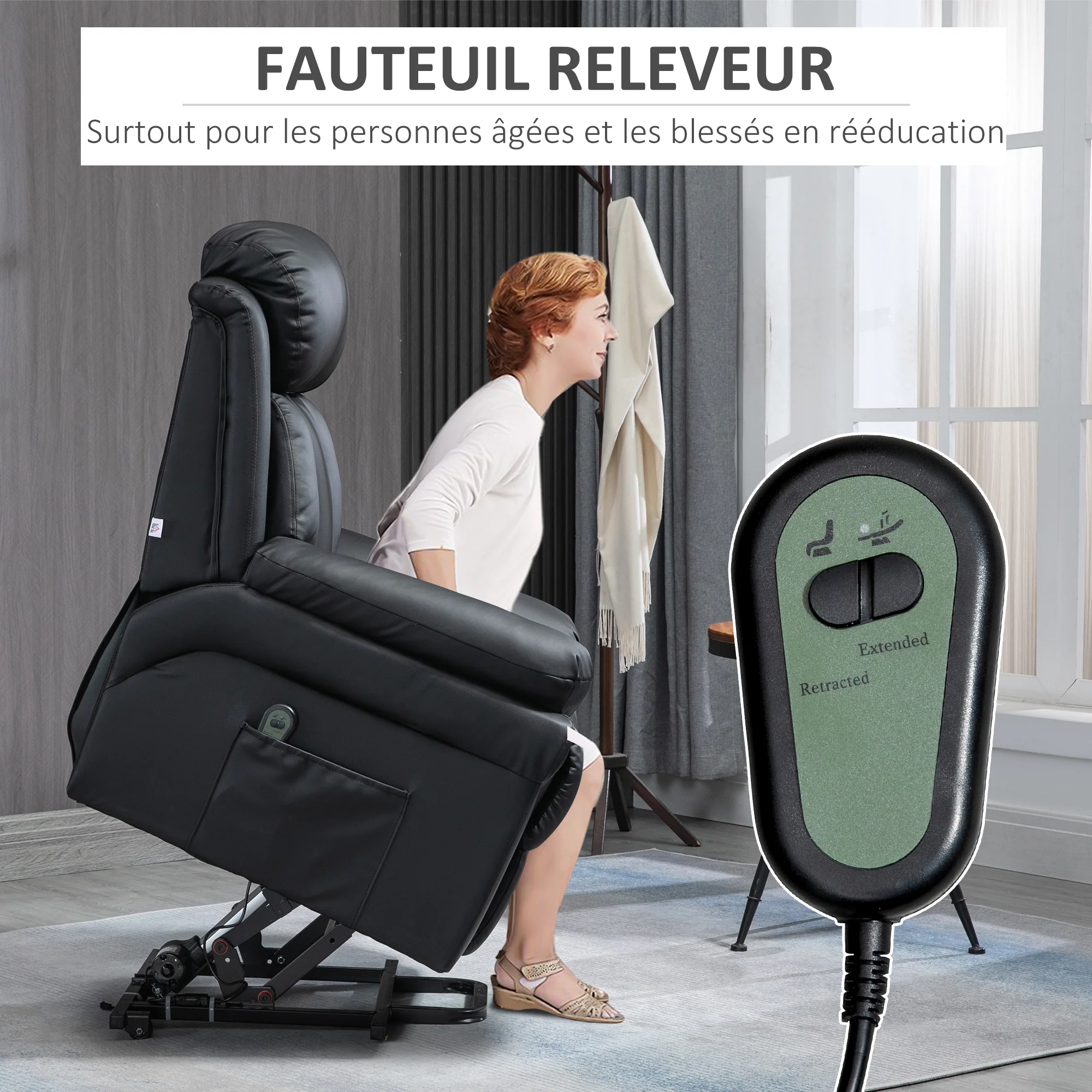 Fauteuil releveur électrique, fauteuil relax électrique avec repose-pied ajustable, dossier inclinable, télécommande, poche latérale, pour personnes âgées, noir - Image 5